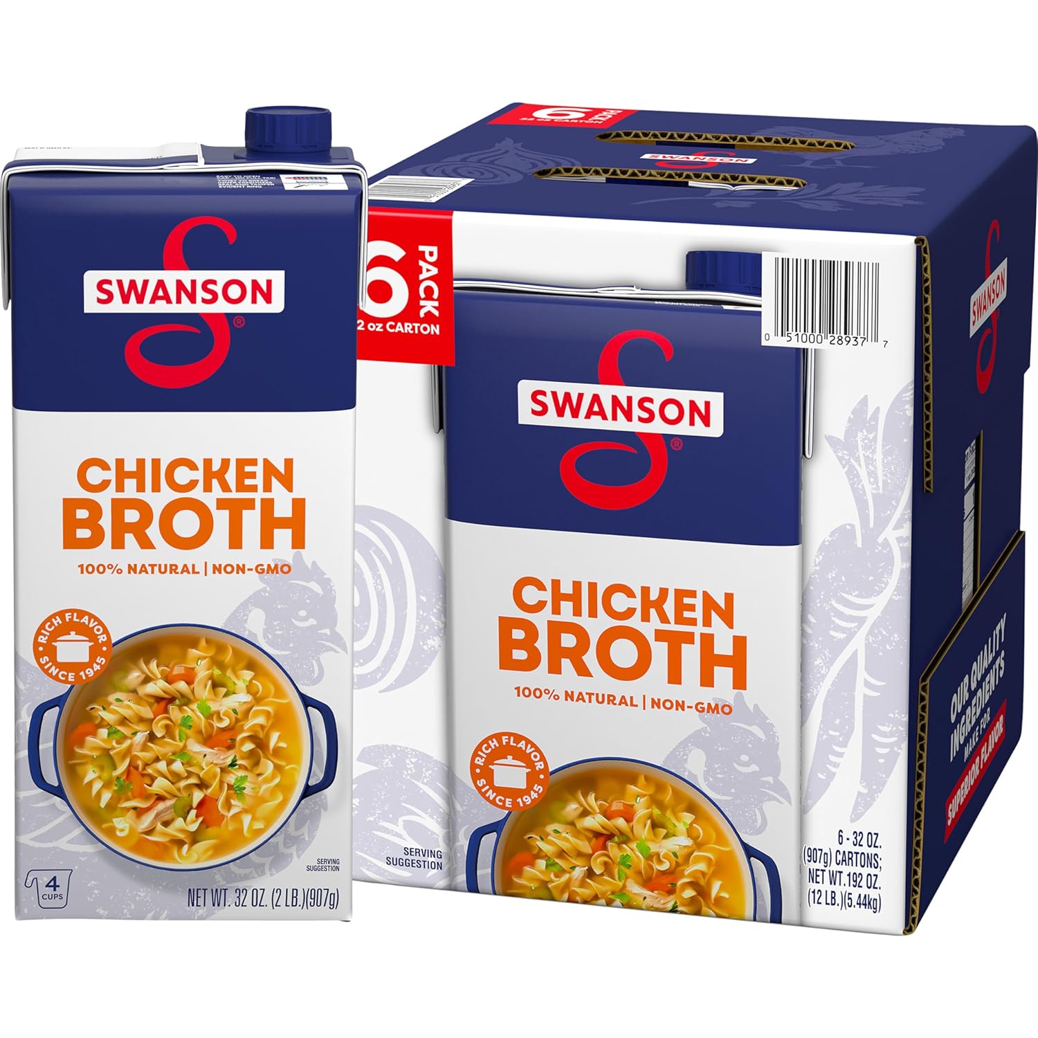 (Best by:JAN/06/2026) SWANSON S 100% Natural Chicken Broth, 32 oz Carton (6 Pack)