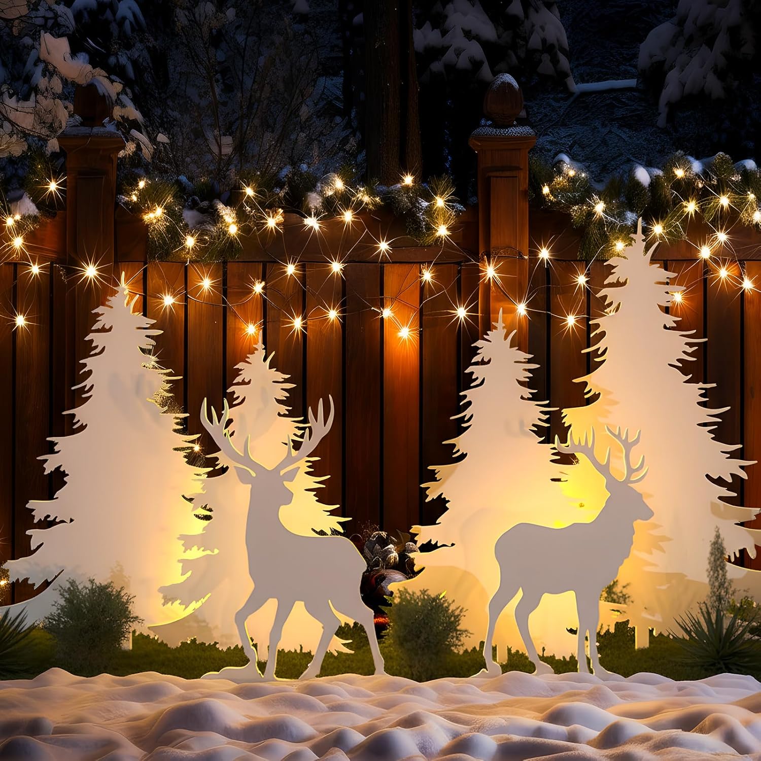 6 Pcs DIY Christmas Reindeer & Pine Tree Yard Silhouettes Set Outdoor Large PVC Christmas Yard Sign White Deer Family Decoration for Xmas Front Lawn