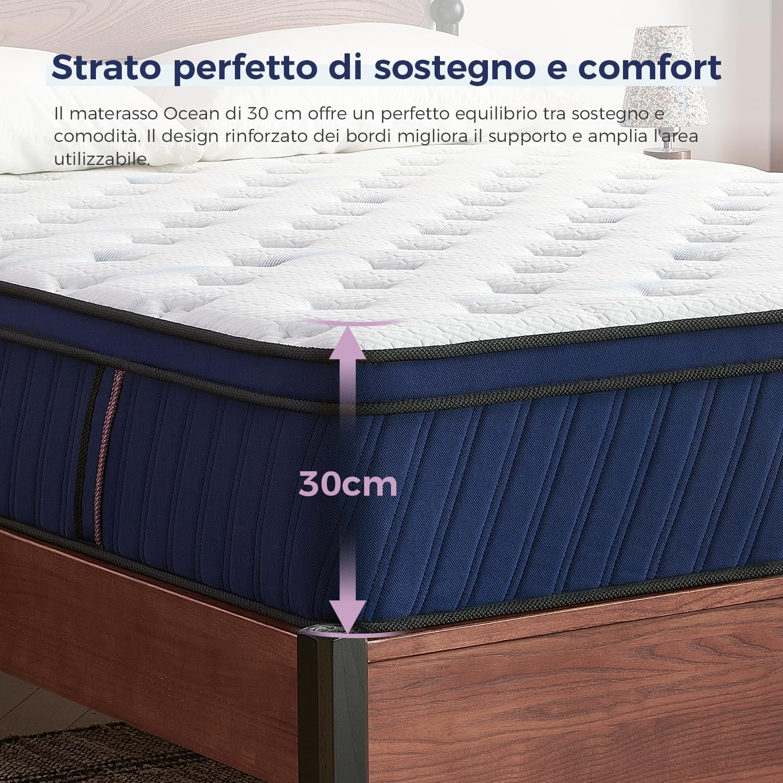 Inofia Materasso 90x200 cm Ocean H2/H3 alto 30 cm con molle insacchettate singole a 7 zone Memory Foam e tecnologia di ventilazione 3D per un sonno riposante, 100 notti di prova