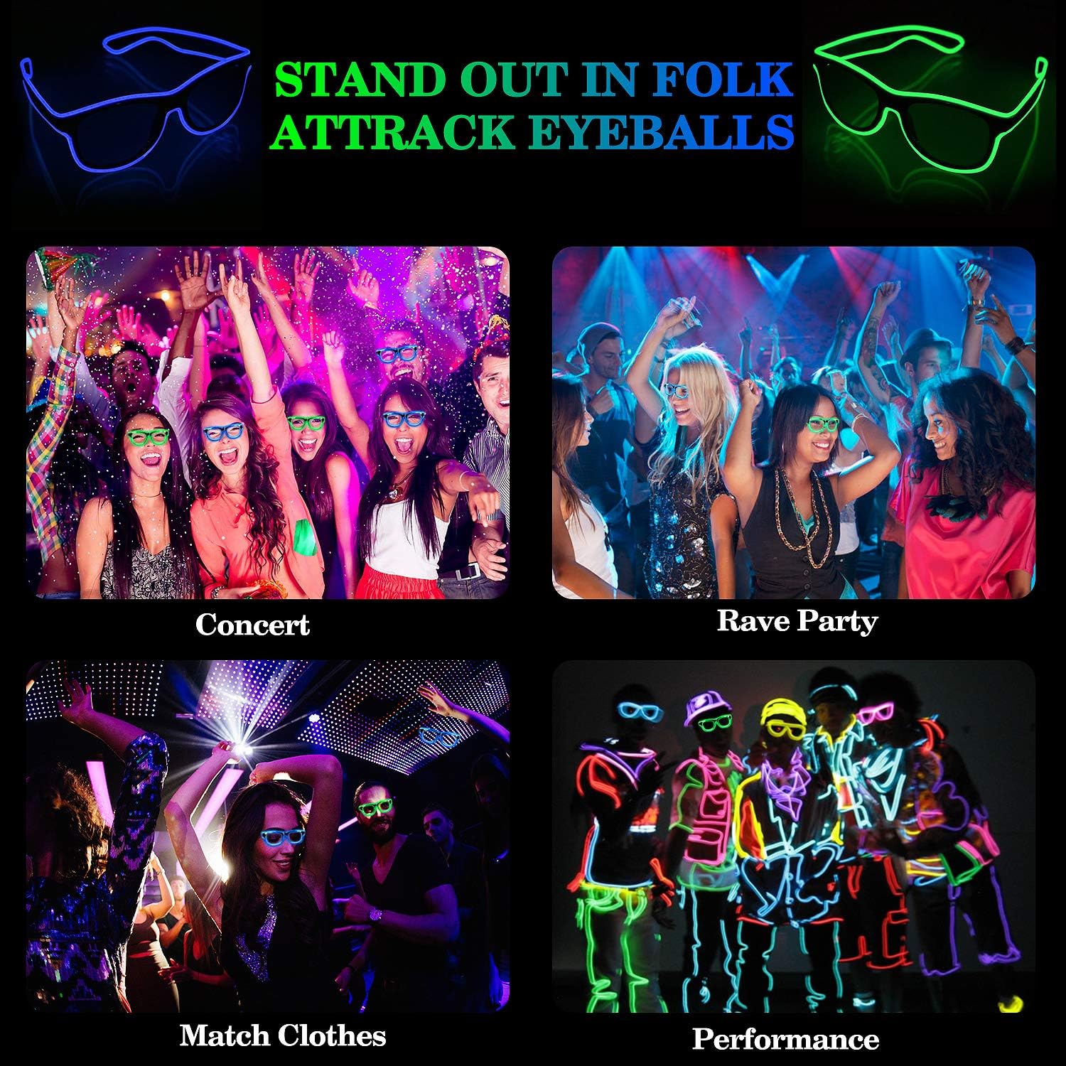 YouRfocus Occhiali senza fili illuminati a LED che si illuminano al buio al neon per rave party