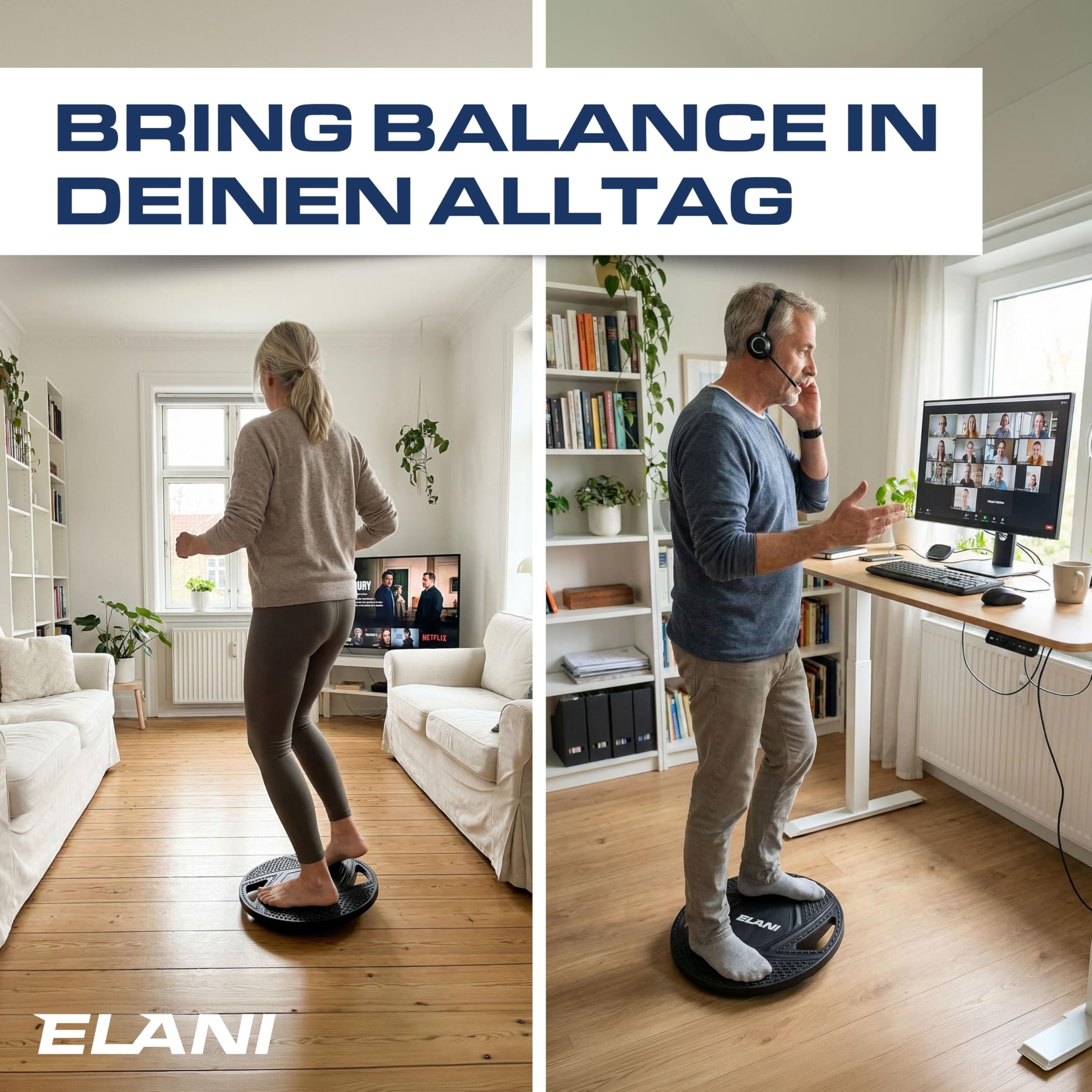 ELANI Rutschfestes Balance Board Erwachsene bis 150kg - Physiotherapie zur Stärkung von Koordination und Tiefenmuskulatur | Balance Board Kinder ab 5, Wackelbrett Physio, Gleichgewichtstrainer