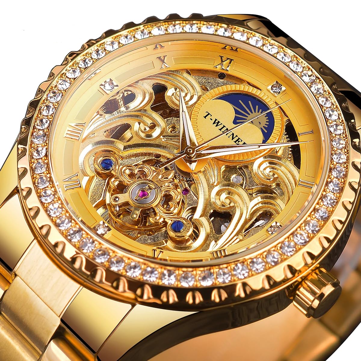 Golden Moon Phase Design Luxus Retro Stil Uhr Diamant Edelstahl Armband Skelett Tourbillon Männer Automatische Mechanische Uhren