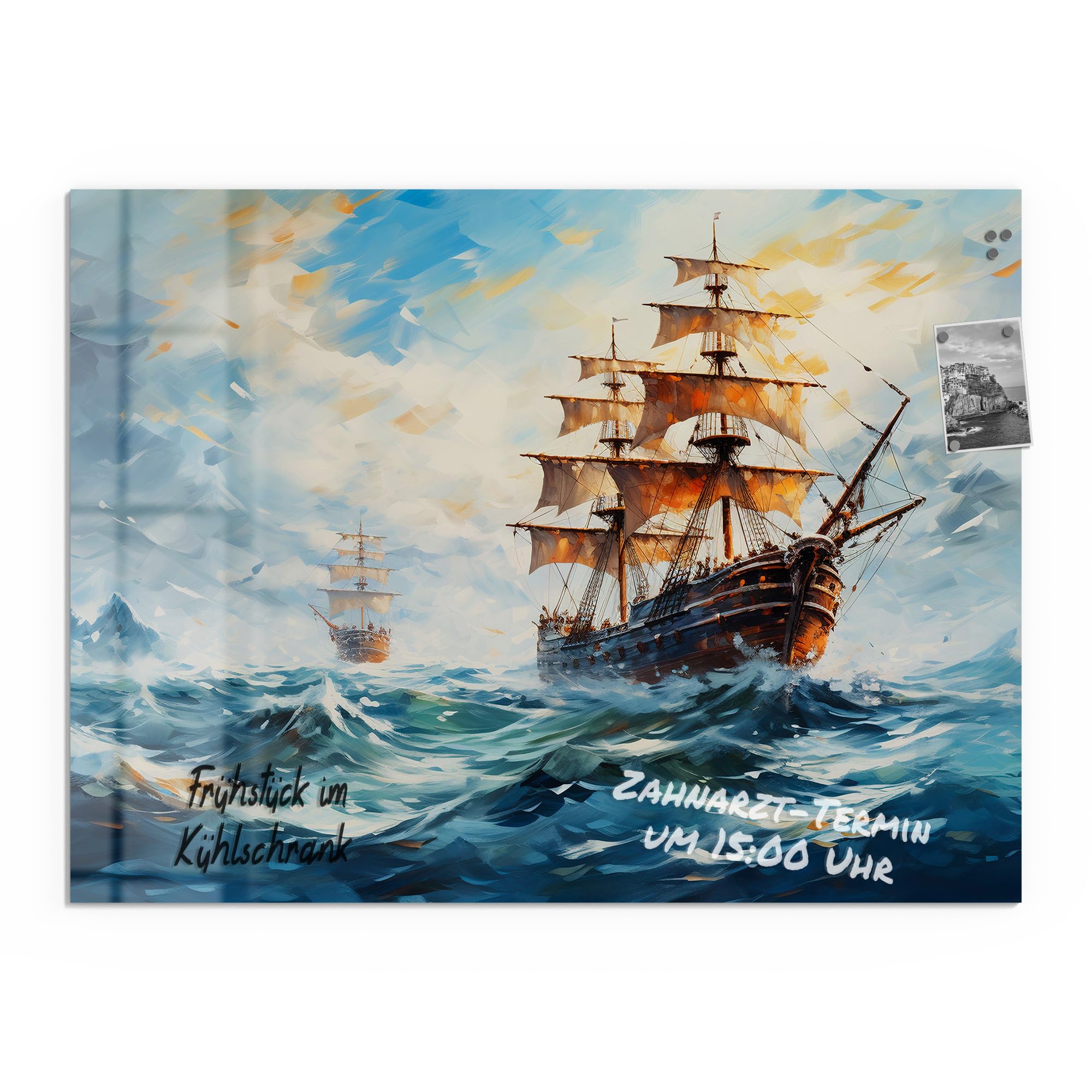 DEQORI Szklana tablica magnetyczna | wymiary 120 x 90 cm | motyw "Burzliwe jezioro" | tablica do notatek ze szkła | tablica magnetyczna z magnesami, długopisem i ściereczką do kuchni i biura | tablica