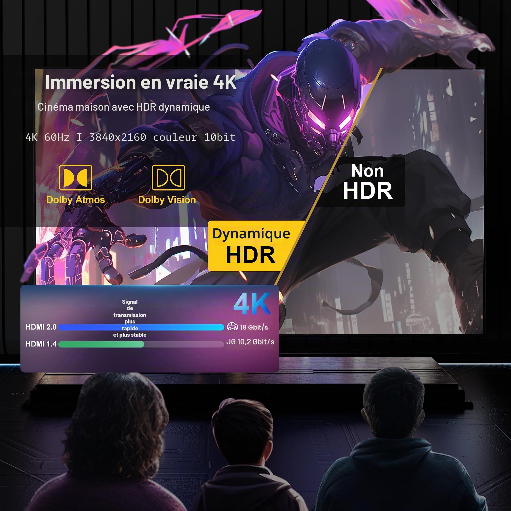 Câble HDMI Fibre Optique 30m,18Gbps 4K High Speed Support 4K@60Hz(4:4:4 RGB) HDR10,HDCP2.2,eARC,3D,CEC Cordon actif 2.0 unidirectionnel,Résistant aux interférences,Fin et flexible