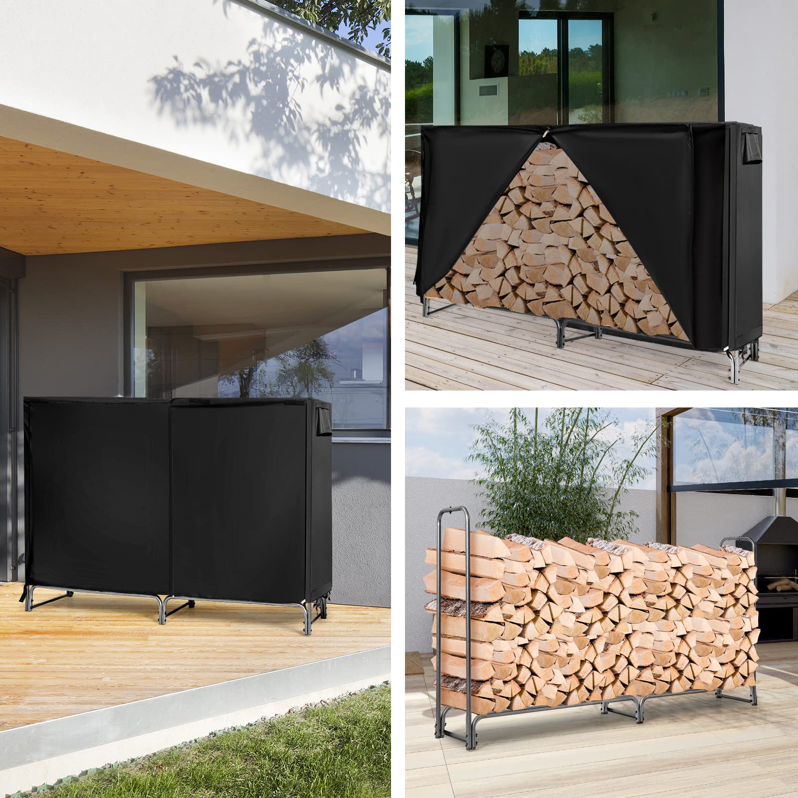 GYMAX Estantería para Leña para Chimenea con Cubierta Resistente a la Intemperie, Estable Estantería para Leña con Patas Antideslizantes, para Interior y Exterior, Color Negro (Longitud 240 cm)