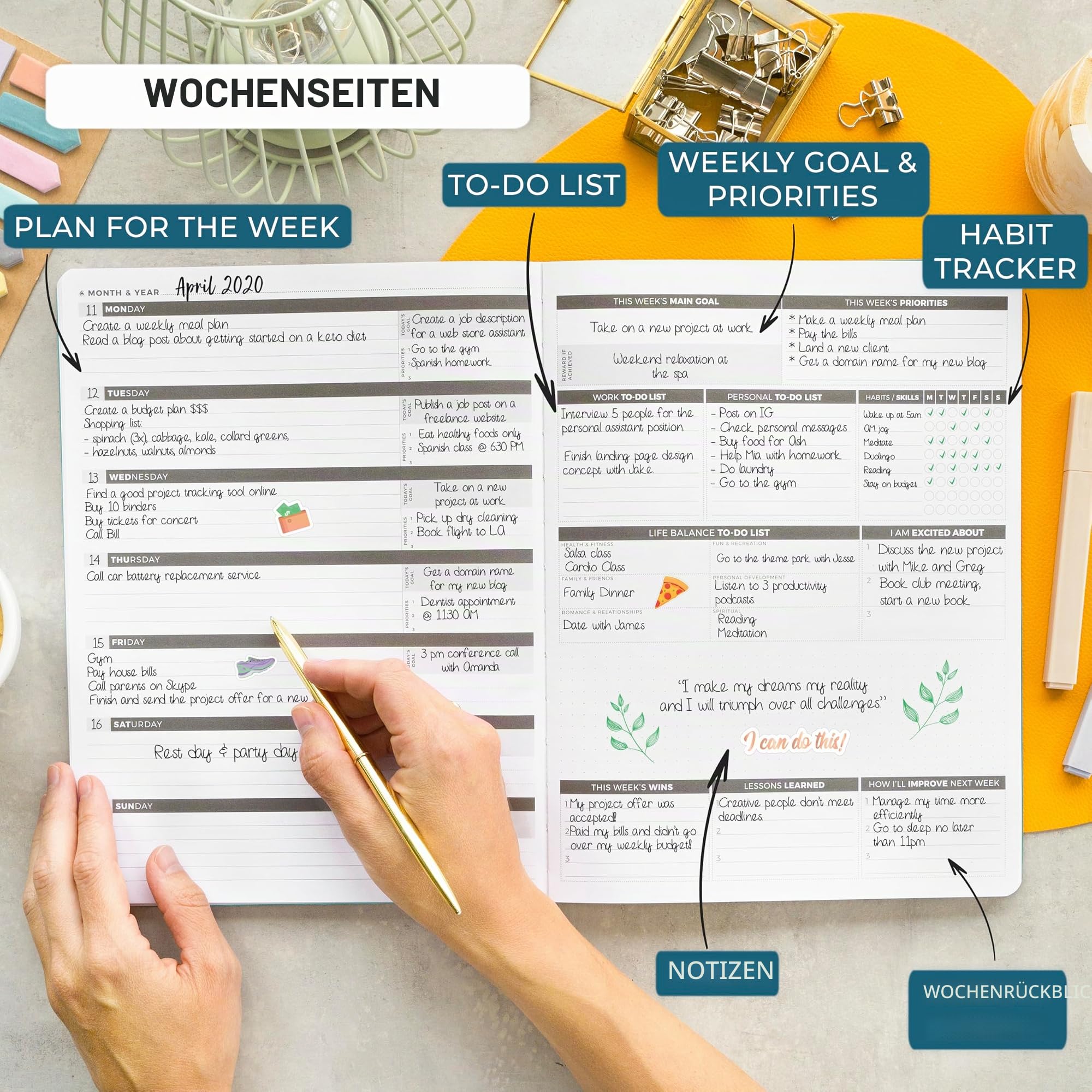 Clever Fox Planner PRO - Wöchentlicher und monatlicher Lebensplaner für mehr Produktivität, Zeitmanagement – Organizer - undatiert 1 Jahr - Softcover, 21.5 x 28cm (Aquamarin, Englisch)