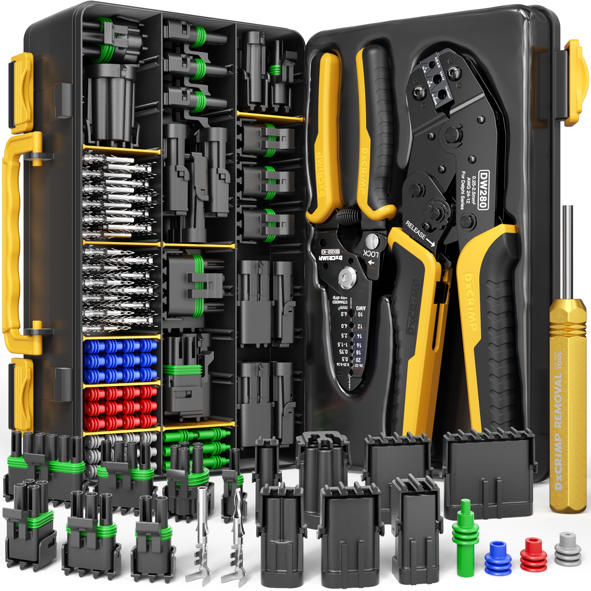 DxCRIMP Kit d'outils à sertir pour pack météo, connecteurs étanches automobiles 1/2/3/4/5/6 broches avec pince à sertir à cliquet 22-12 AWG, pince à dénuder et outil d'extraction, compatible avec