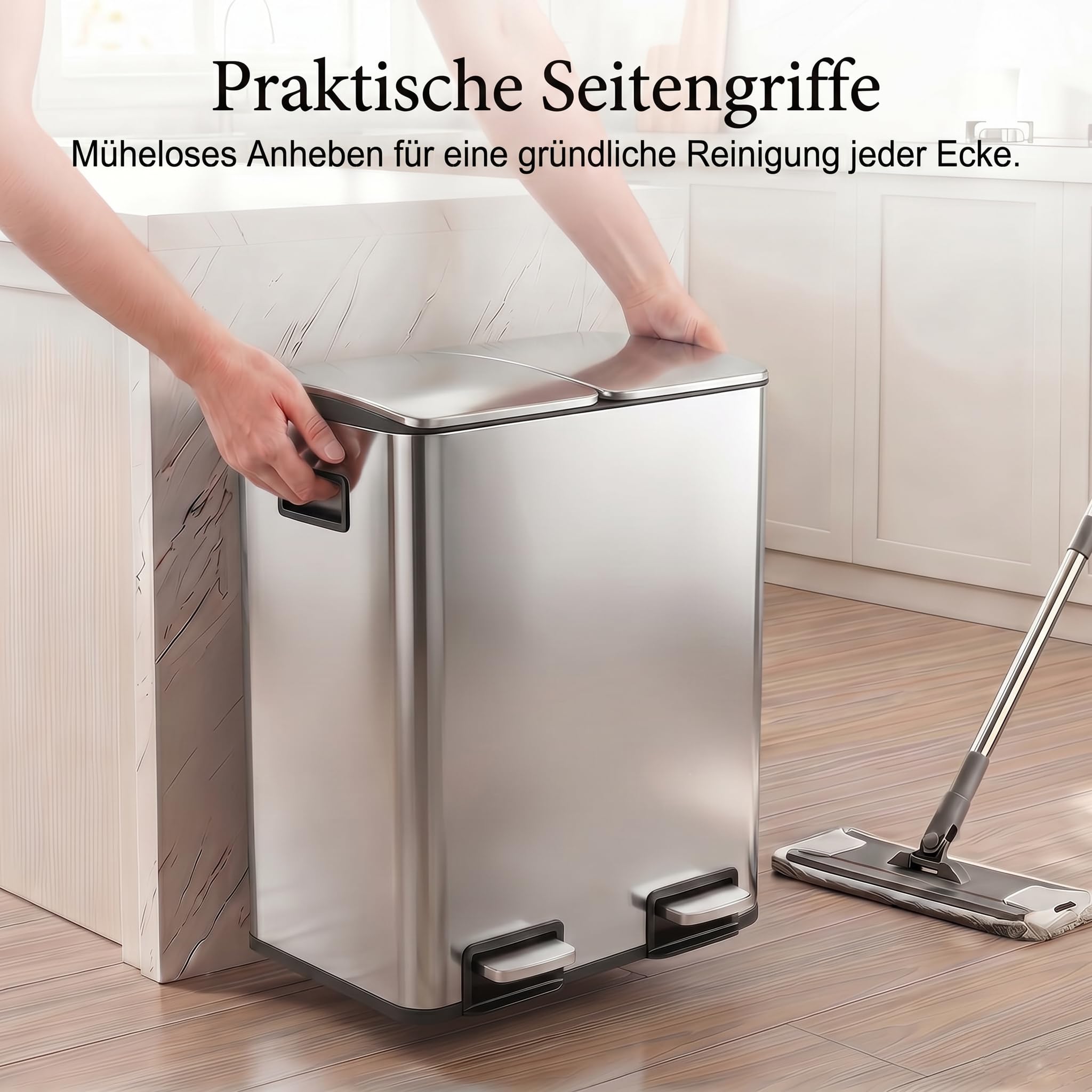 Mülleimer Küche 2 x 19 L(38L), Edelstahl Treteimer mit Deckel, Mülltrennsystem 2 Fächer, Abfalleimer mit Softclose, Fingerabdruckresistent, Pedaleimer mit Inneneimer für Küche Haushalt