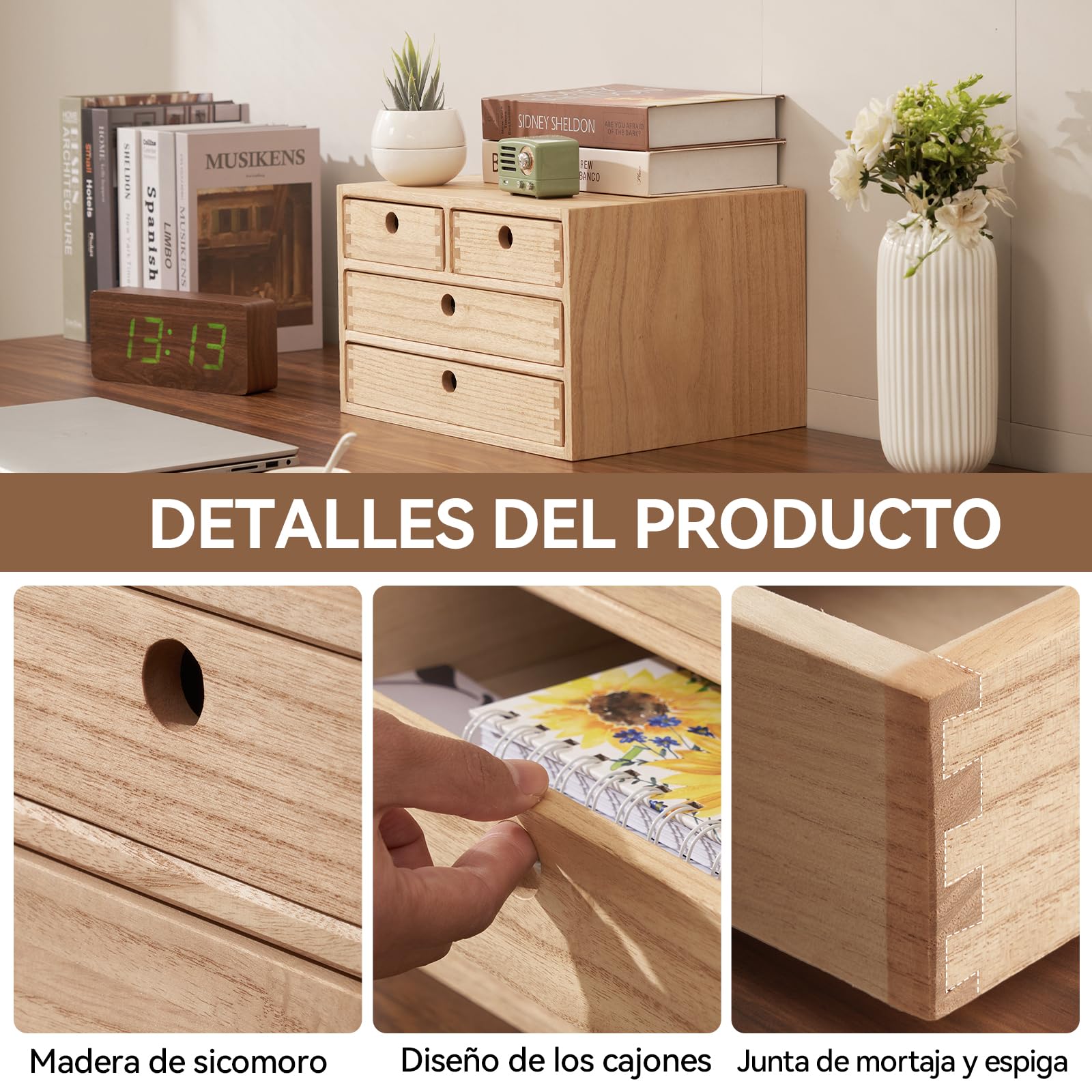 KIRIGEN Cajas de Madera para cajones Planos de Archivos, Cajas de Almacenamiento con Compartimentos, Montaje sin Herramientas 3 Niveles/4 cajones Color Natural
