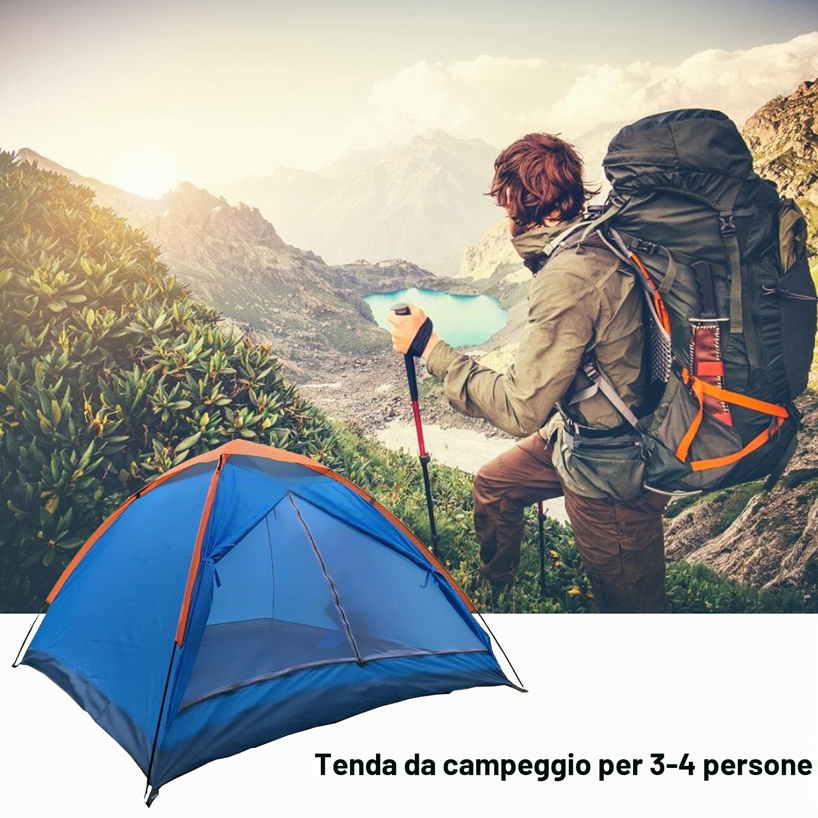 Tenda da campeggio per 3-4 persone, impermeabile, monoporta, per famiglia, adatto per campeggio ed escursionismo