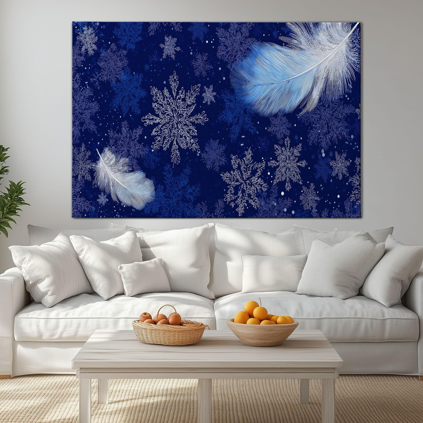 Genérico Obrazy dekoracyjne z ramą niebieskie pióra płatki śniegu 140 x 70 cm płótno ścienne 3D, obraz dekoracyjny do salonu sypialni łazienki kuchni korytarza, dekoracja domu