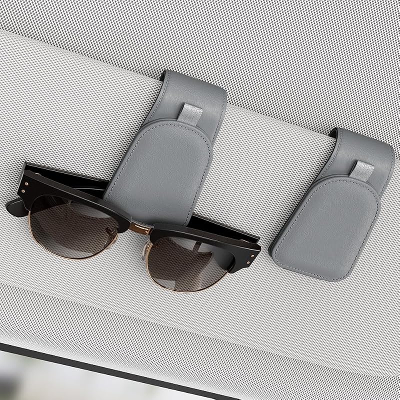 Sotfamily Suporte Magnético para Óculos de Sol no Para-Sol do Carro em Couro Sintético Cinza, Kit com 2