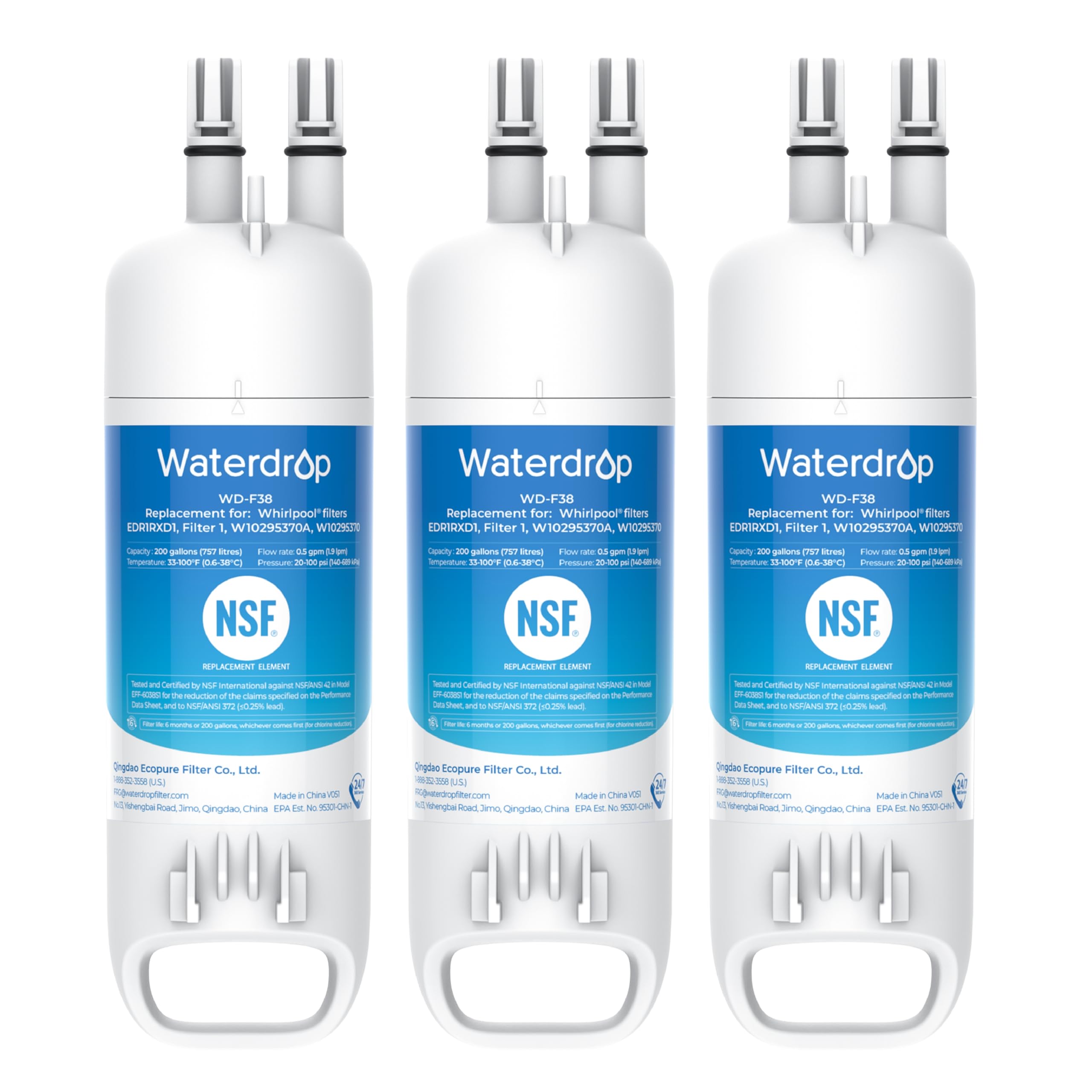 Waterdrop EDR1RXD1 Replacement for Everydrop® Filter 1, W10295370A, EDR1RXD1B, P8RFWB2L, P4RFWB, Kenmore® 46-9081, 46-9930, WD-F38 Refrigerator Water Filter, 3 Pack