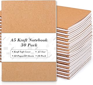 feela 30 Pack Kraft Notebooks, A5 60 Lined Pages Notebooks and Journals for Women Girls Students Making Plans Writing Memos Office School Supplies, 8.3 X 5.5 in