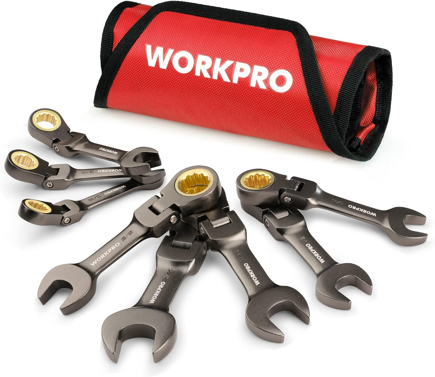 WORKPRO 8Piece FlexHead Stubby Ratcheting Combination Wrench Set, SAE