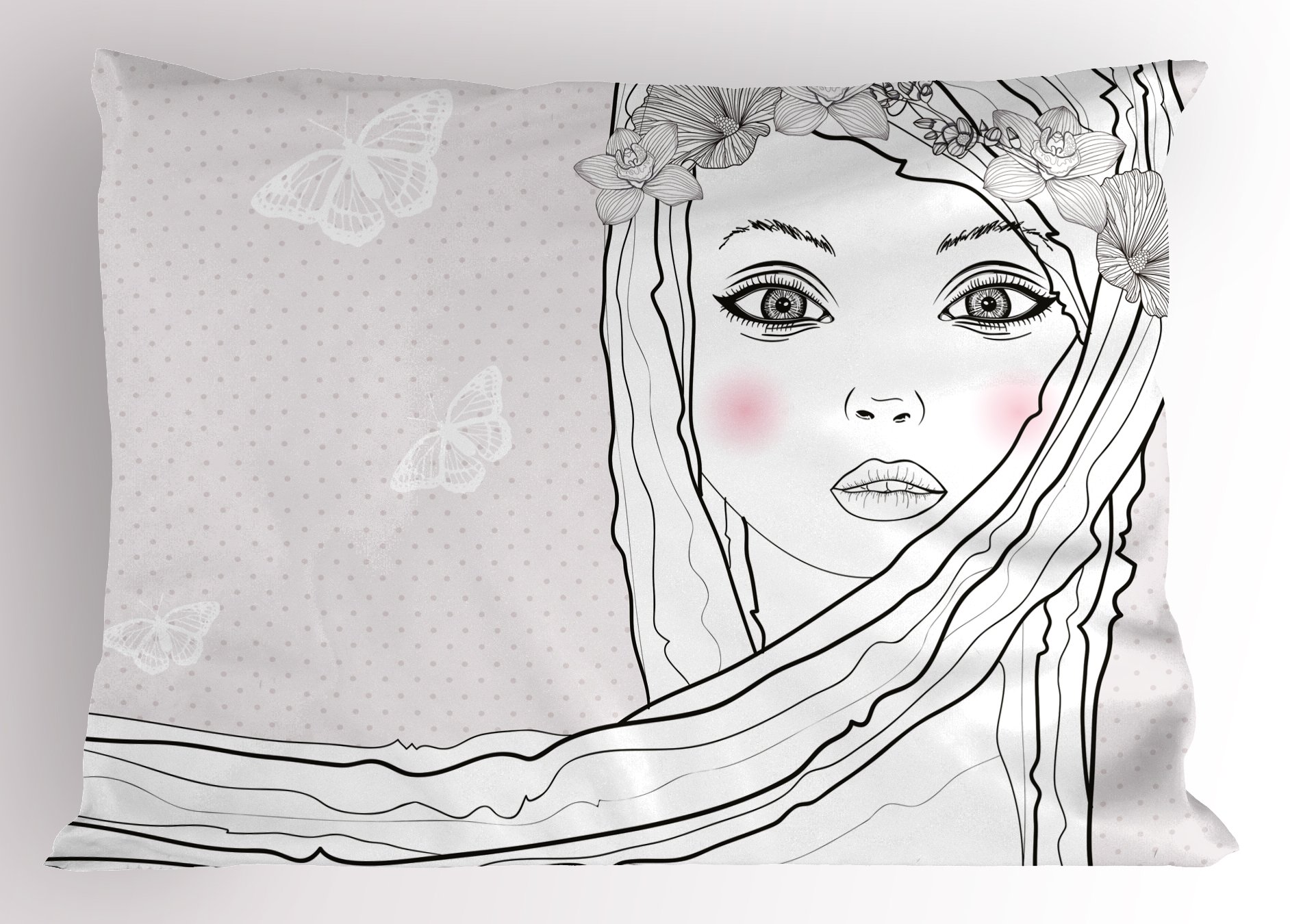Ambesonne Teen Room Pillow Sham, Face Young Girl with Floral Wreath on Hair and Butterfly Design, Decorative Standard Size Printed Pillowcase, 26