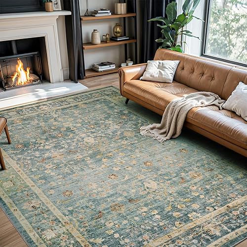 Blue Area Rugs 8x10 Washable Non Slip Rug Low Pile Area Rug Distressed Printed Carpet Soft Area Rug for Living Room Dinning Room Bedroom Playroom Indoor