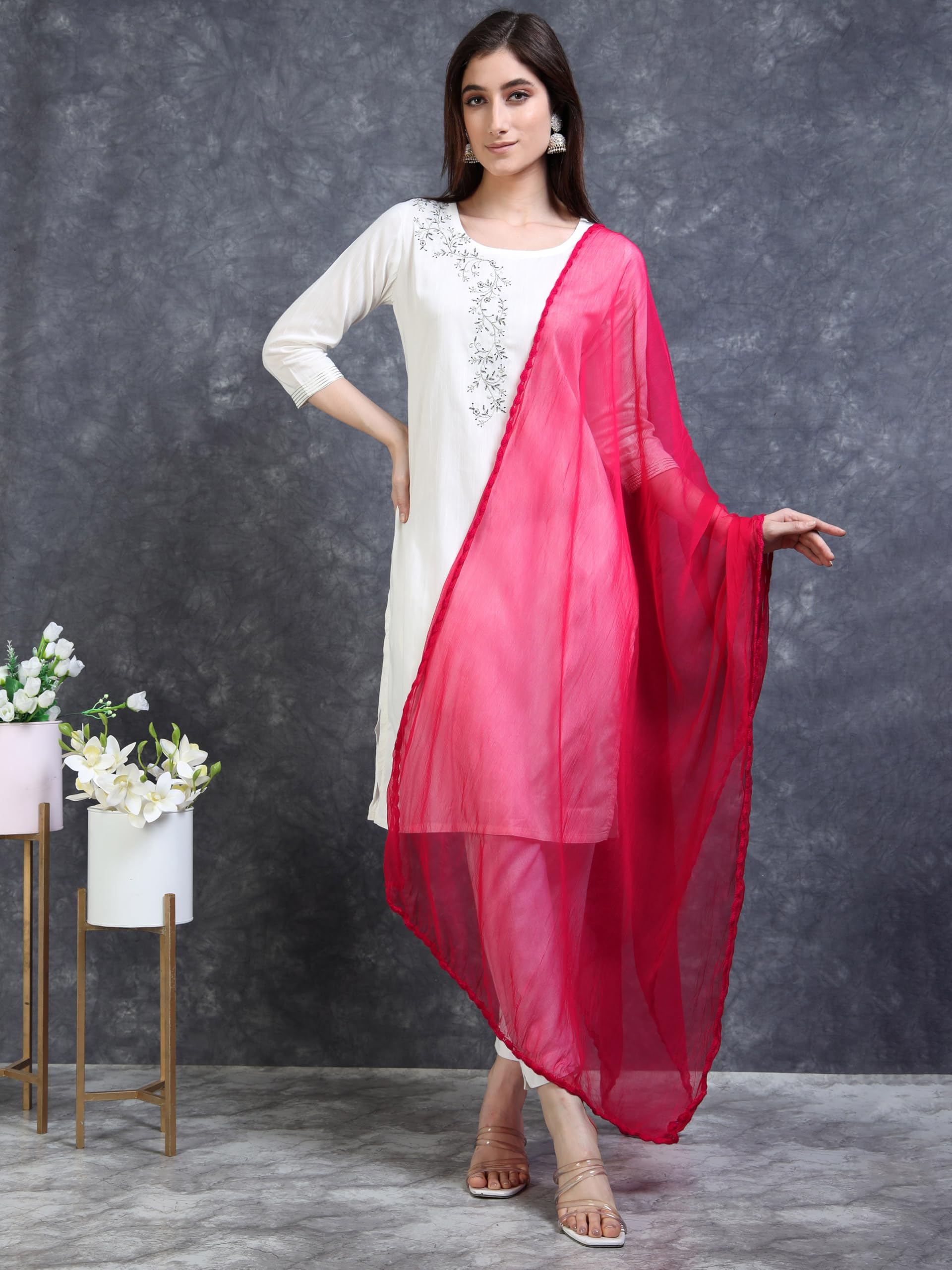 Miraan Solid Pure Chiffon Dupatta with Woven Border, 2.25 meters length (CHIFFDUPDARKPINK06_Dark Pink) - Image 5 thumbnail