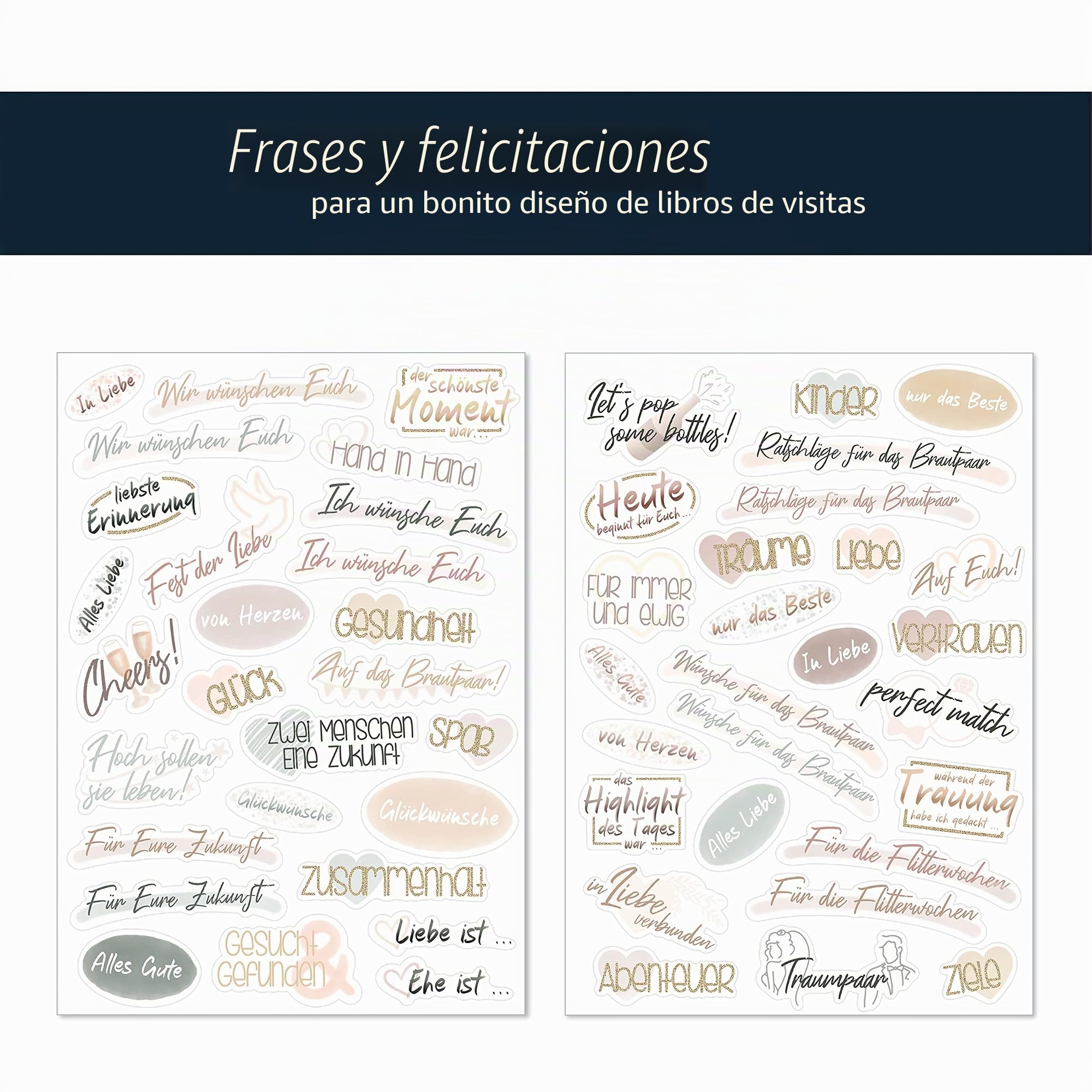 WEDDLYN® – Pegatinas para boda – 180 pegatinas para libros de invitados – Diseños inspiradores – Set perfecto para álbumes de fotos de boda – Colores pastel con purpurina (beige)