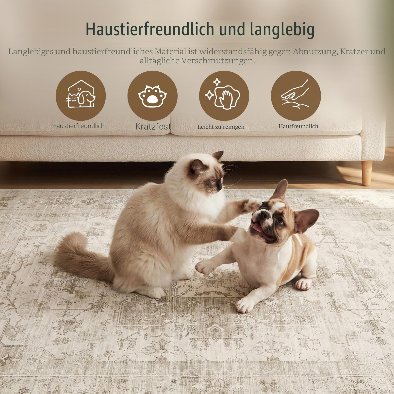 Vintage Teppich Wohnzimmer 240x340cm, Creme Teppich Schlafzimmer | Waschbarer Boho Teppich, Rutschfest Läufer Teppiche, Pflegeleicht Teppich Gegend für küche, Büro, Esszimmer, Flur