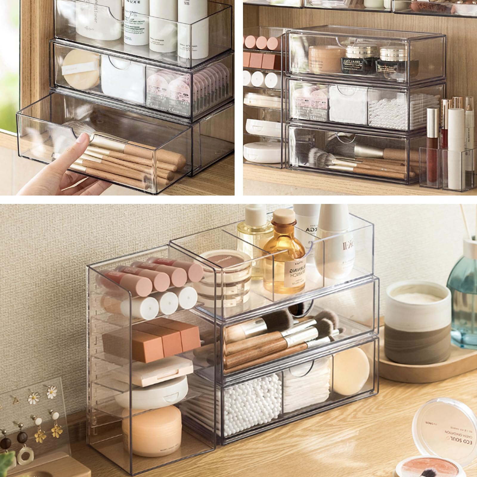 Soportes de Hisopos, Organizador Baño,Organizador Maquillaje | Transparente con Compartimentos, Contenedor de Hisopos de Algodón para Discos Bola de Algodón Qtips Cosmeticos Baño