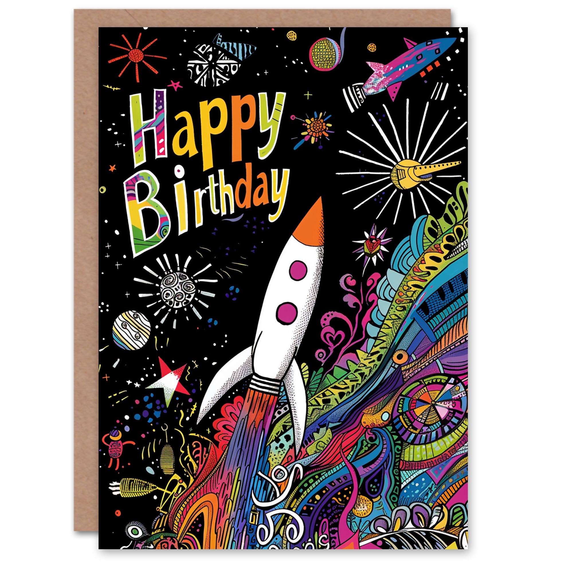 Artery8 Birthday Card Space Rocket Planets Astronaut Colourful Fun For Child Kids Son Daughter Greeting Card