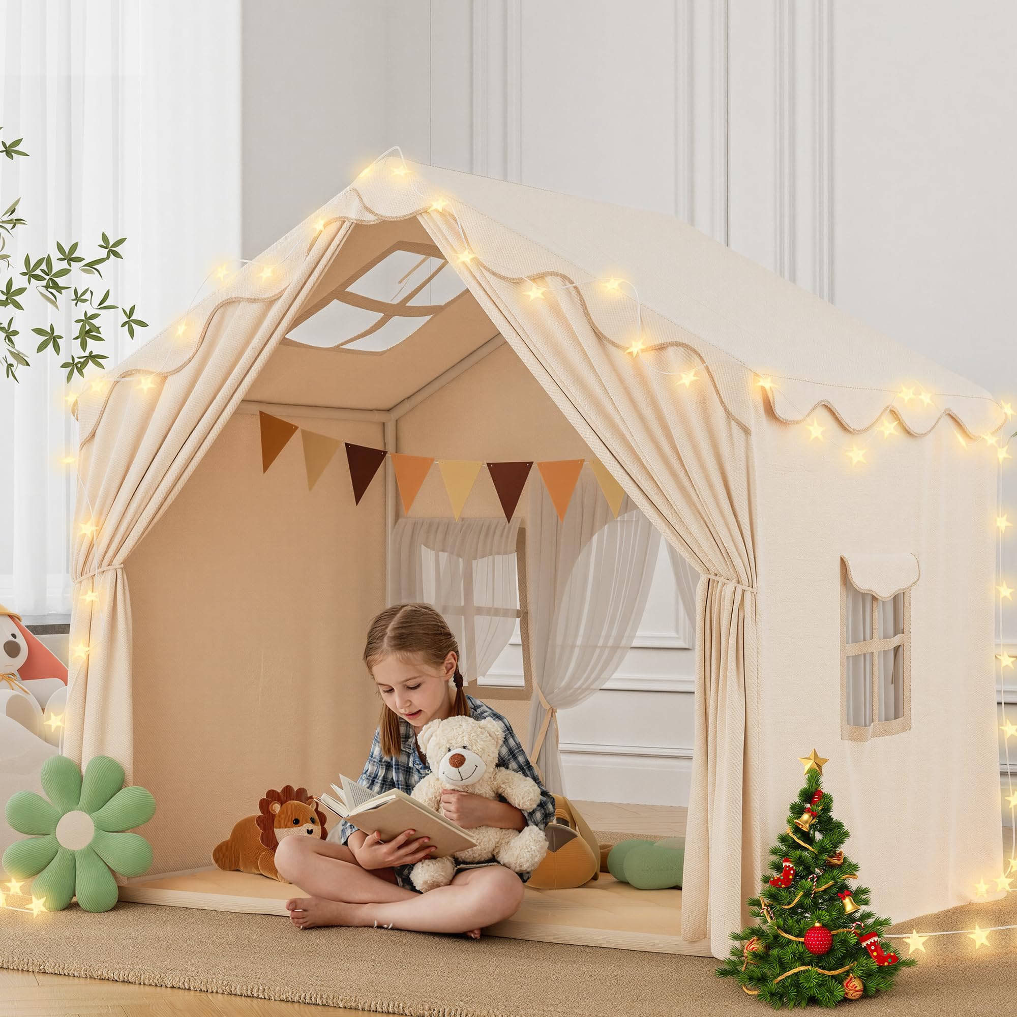 2 in 1 Tenda per Bambini besrey, Tenda Casetta da Gioco con 2 Porte e 4 Finestre, Tenda da Gioco per Bambini Interni ed Esterni con Tappetino Imbottito