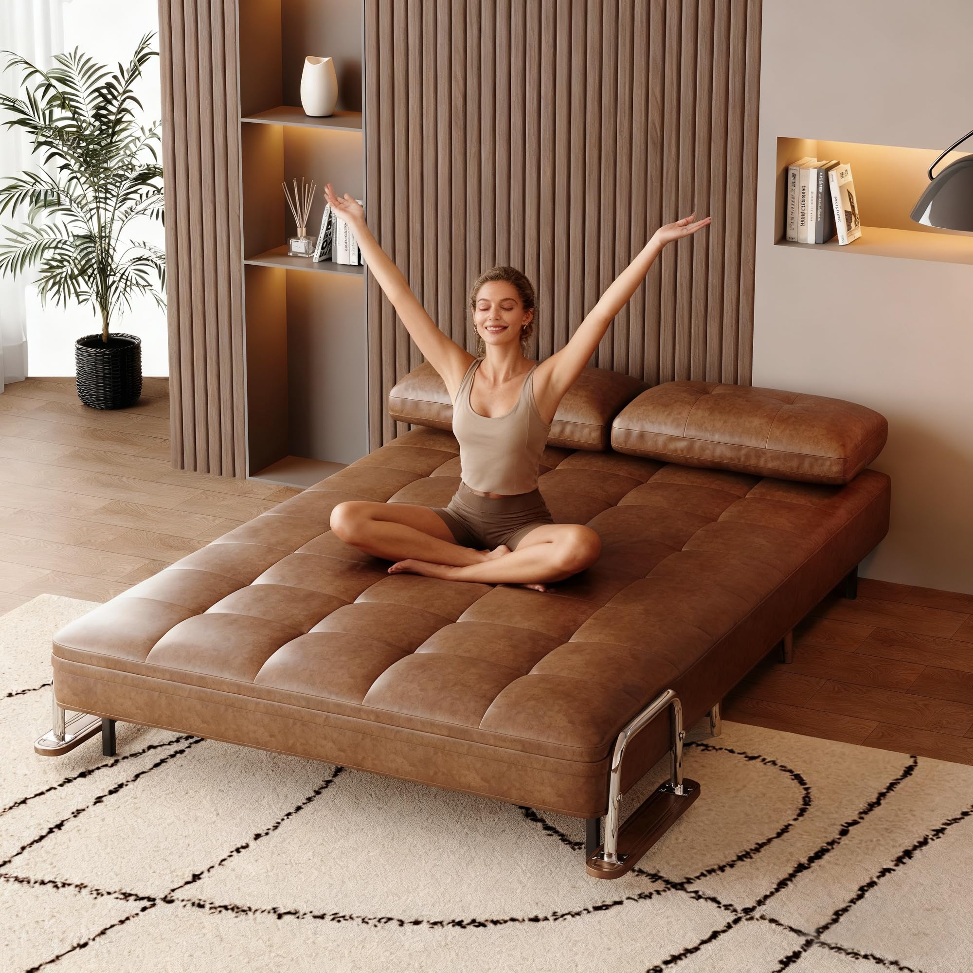 KAANAA Schlafsofa Klappsofa 150 cm, Braun, Lederoptik | 150 cm Breite, Klappfunktion, Lederoptik, Mit Matratze, Metallgestell, Platzsparend, Für kleine Räume