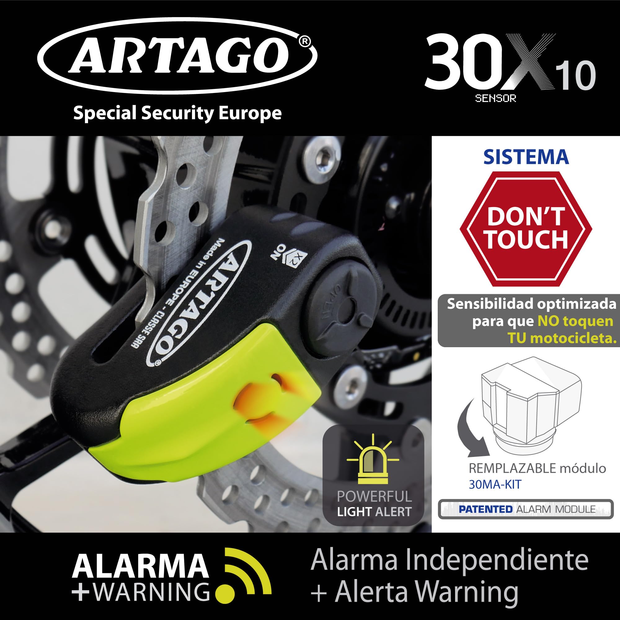 ARTAGO 30X10 Candado Moto Alta Gama, Antirrobo Disco 2en1 Sin/Con Alarma Don't Touch 120dB, Homologado SRA y Sold Secure, Anti-Taladro 5mm, Doble Cierre 10mm Acero Endurecido, Pinza Cepo Moto