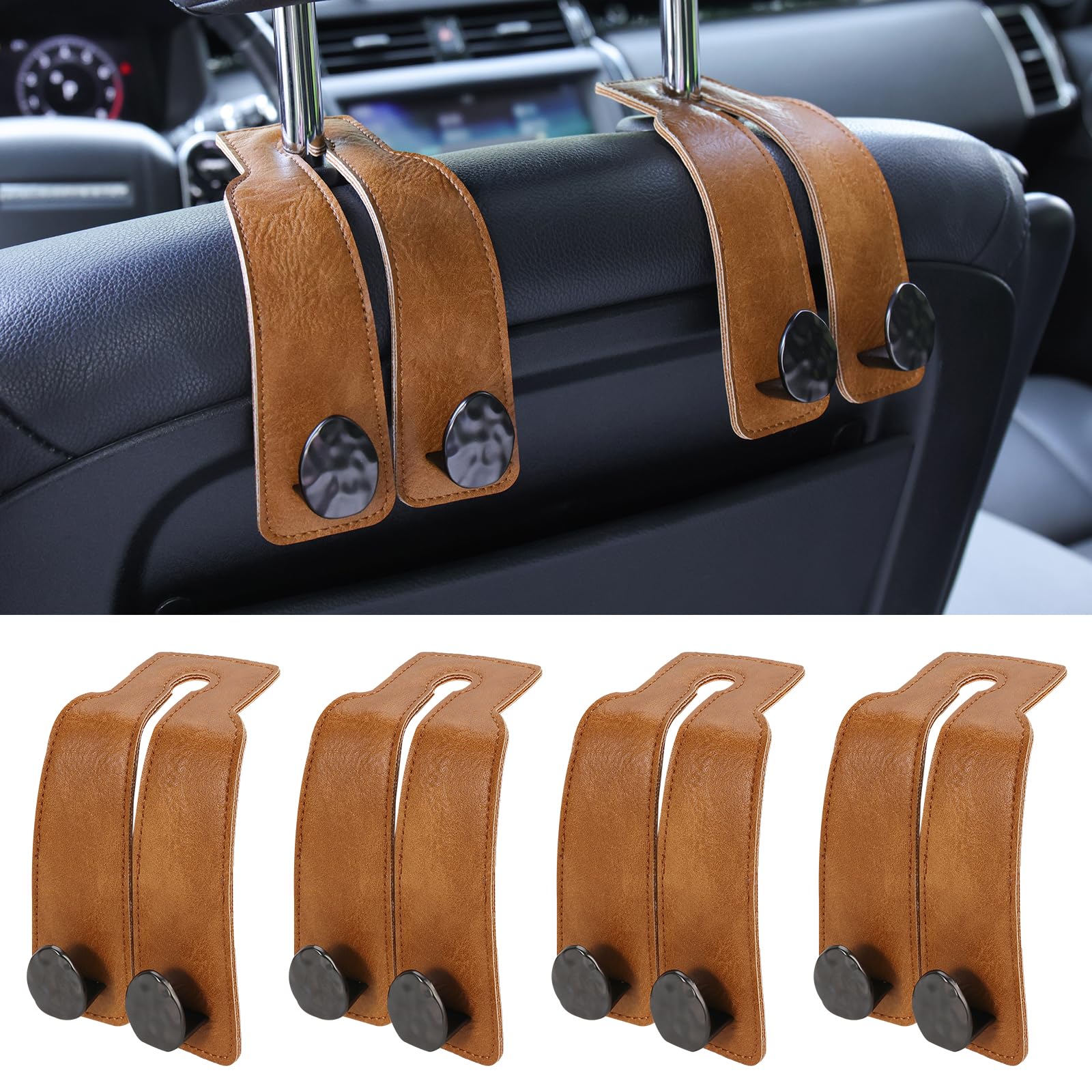 URIZZD 4 PCS Leather Car Seat Hooks for Headrest, Vehicle Hanger Storage Organizer Universal for Handbag Purse, Car Accessories Gift (Brown-Black-4