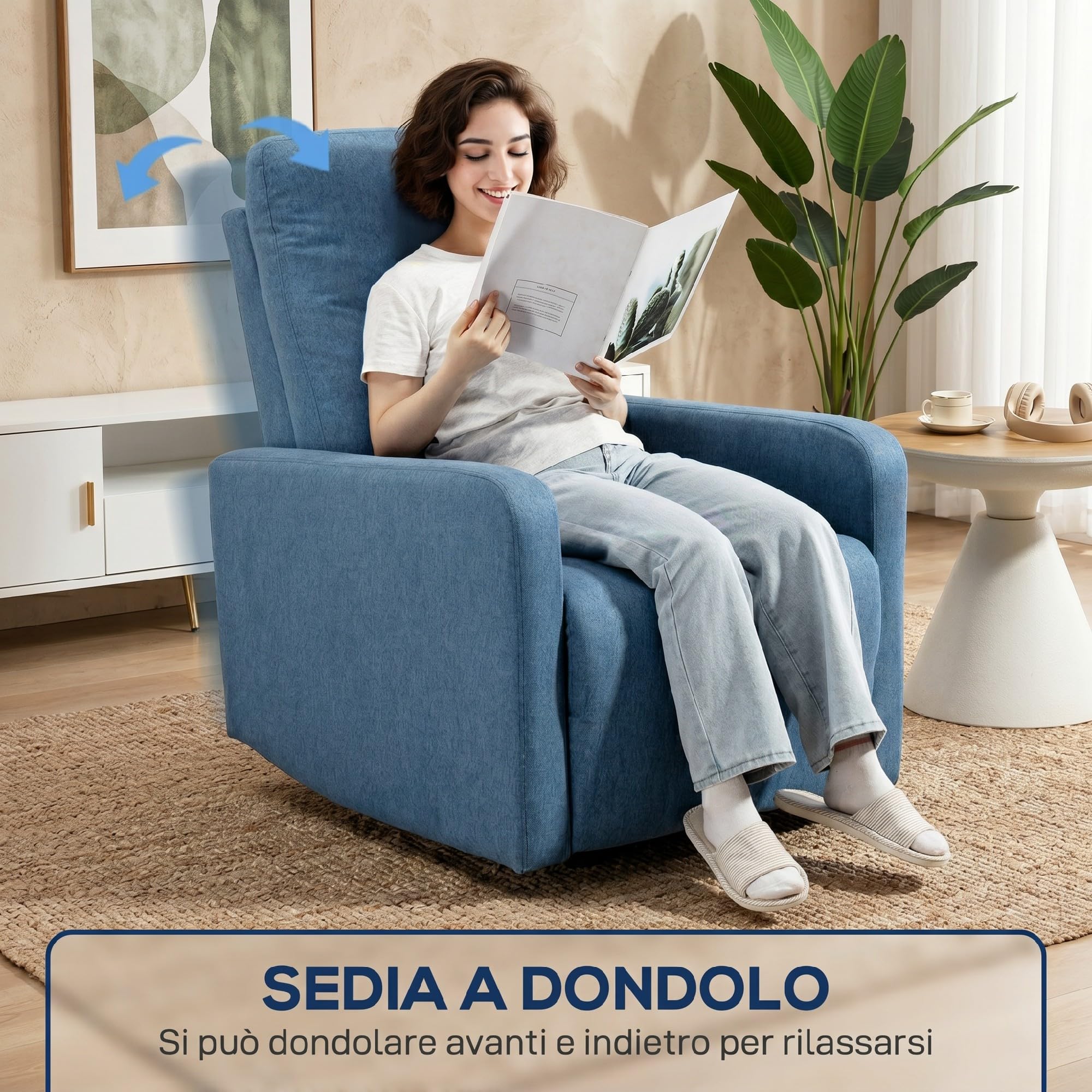 HOMCOM Poltrona Relax Reclinabile Manuale con Poggiapiedi, Seduta Ampia, Poltroncina Imbottita Girevole con Funzione Dondolo, in Tessuto Effetto Lino per Soggiorno e Salotto, 76x94x100 cm, Blu