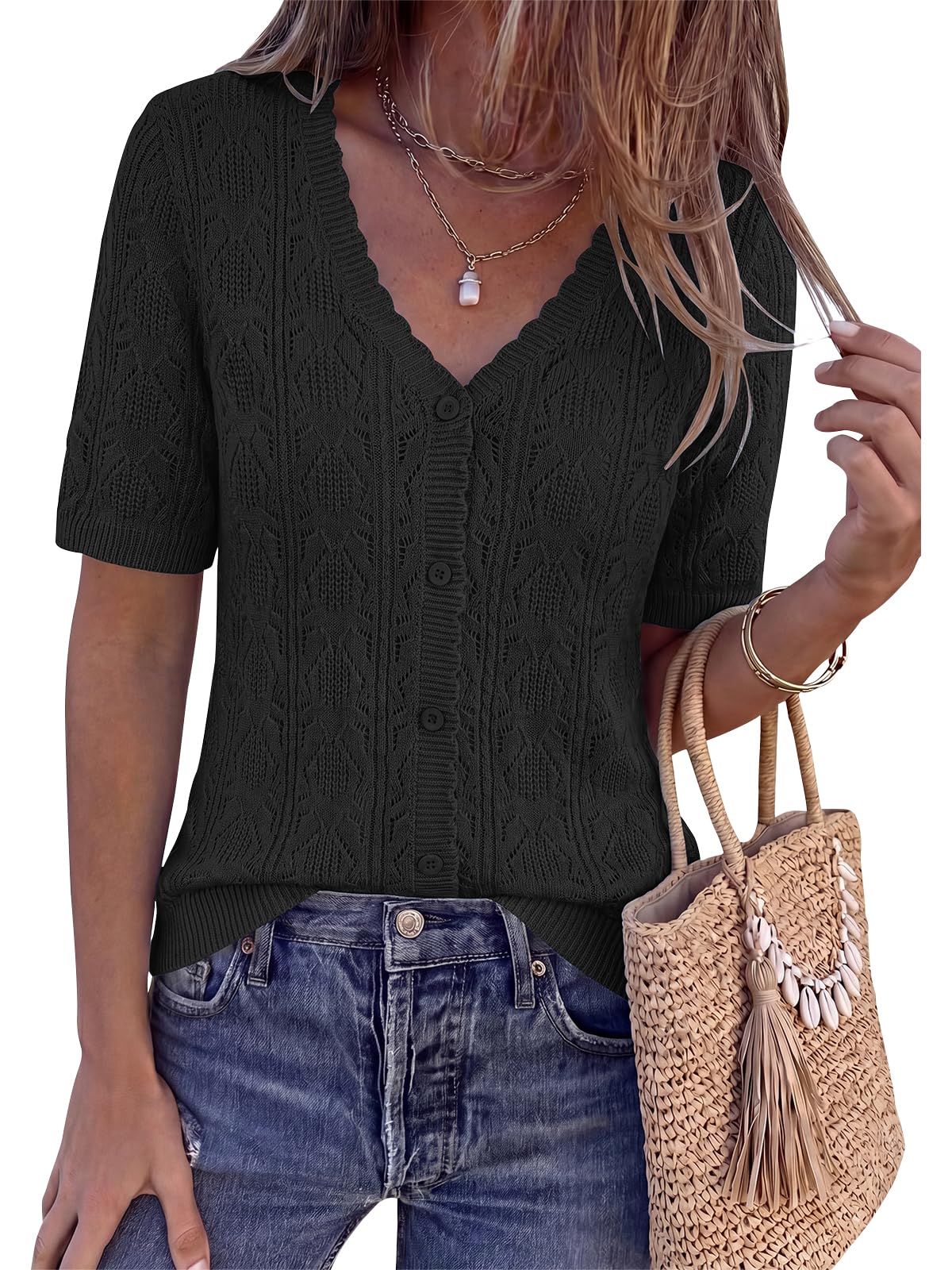 Short Sleeve Crochet Tops for Women Trendy 2026 Summer Cardigan Sweaters Button Up Lightweight Shrug for Dress-image-22