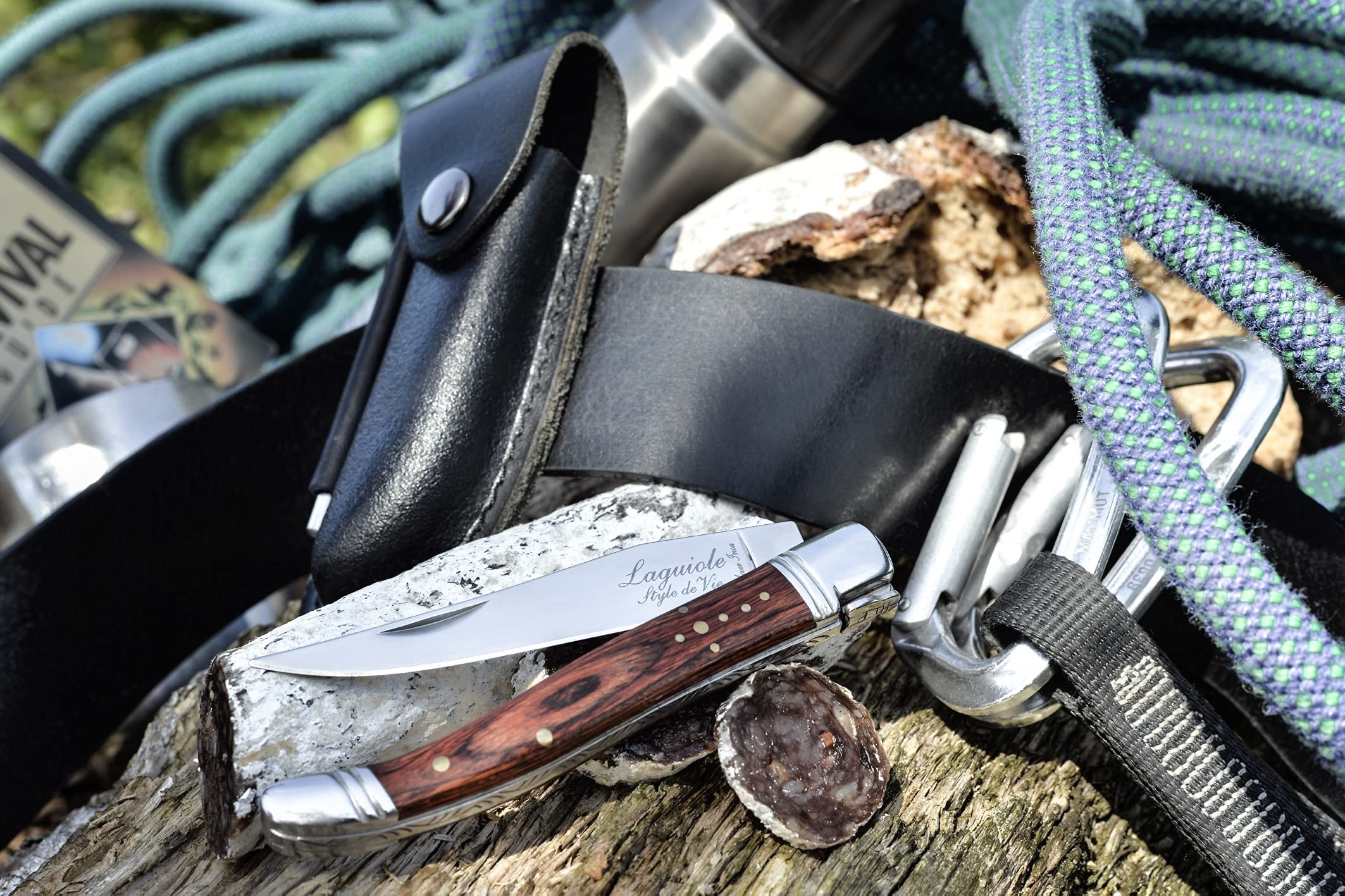 Laguiole Style de Vie Couteau de poche avec fusil & étui en cuir, bois de rose, avec boîte cadeau