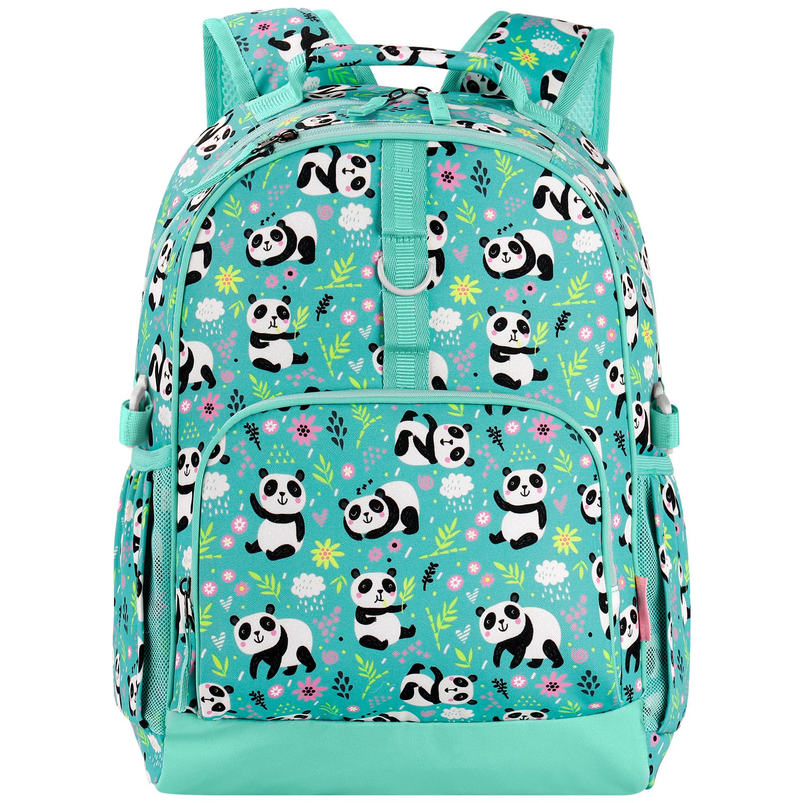Choco Mocha Panda Backpack for Girls, Elementary School Backpack for Girls Ages 6-8 Kids Kindergarten Backpack Bookbag 17 Inch with Chest Strap, Teal