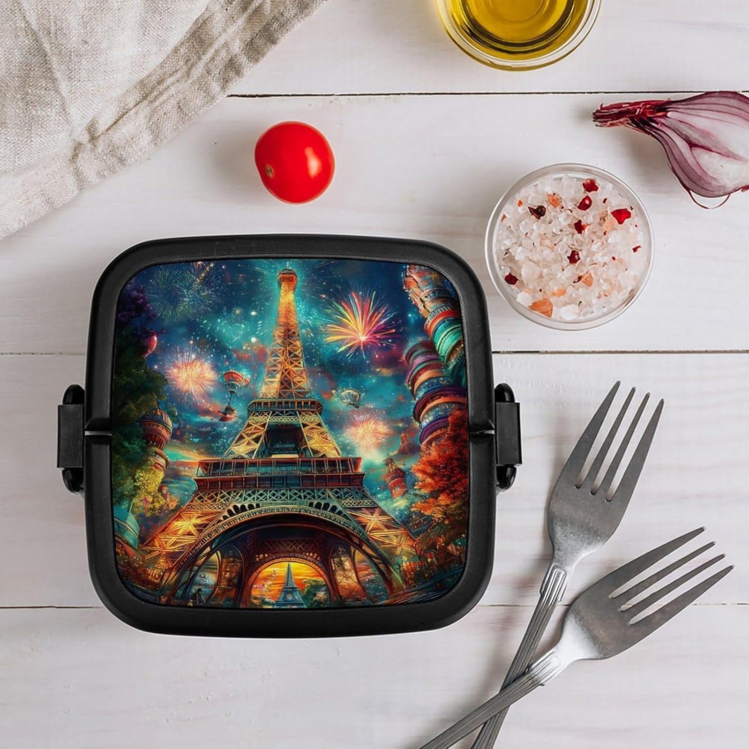 Paris Eiffel Tower (6) Bento Box with Spoon 2 Layer Food Container Cute Lunch Box for Travel Dining Work