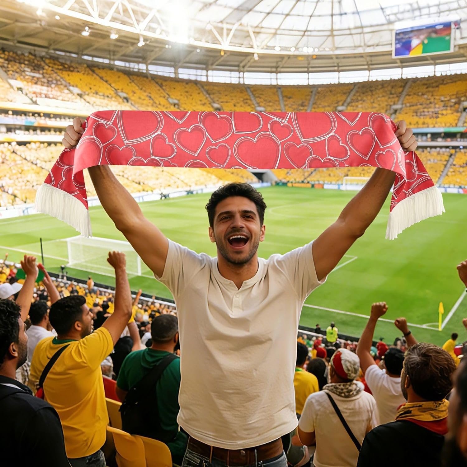 CHIFIGNO Red Hearts Sports Fan Scarf Towel, Soft Absorbent Quick Dry Polyester Cheering Scarf for Soccer Fans
