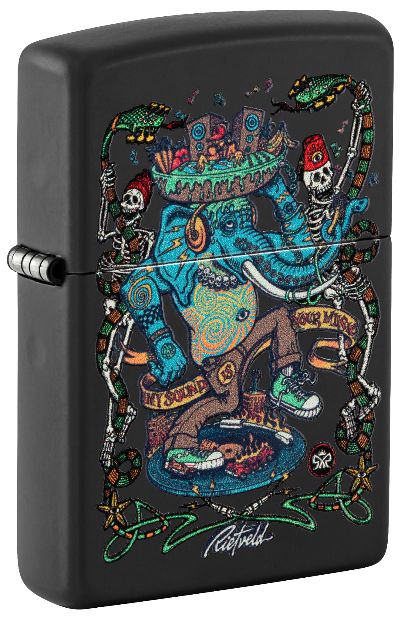 Zippo Rick Rietveld Zapalniczka Sztormowa, Nadruk Uv, do Napełniania, Wielokrotnego Użytku, Wiatroodporna Konstrukcja, Pudełko na Prezent, Wykonano w USA, Kolor Czarny Matowy