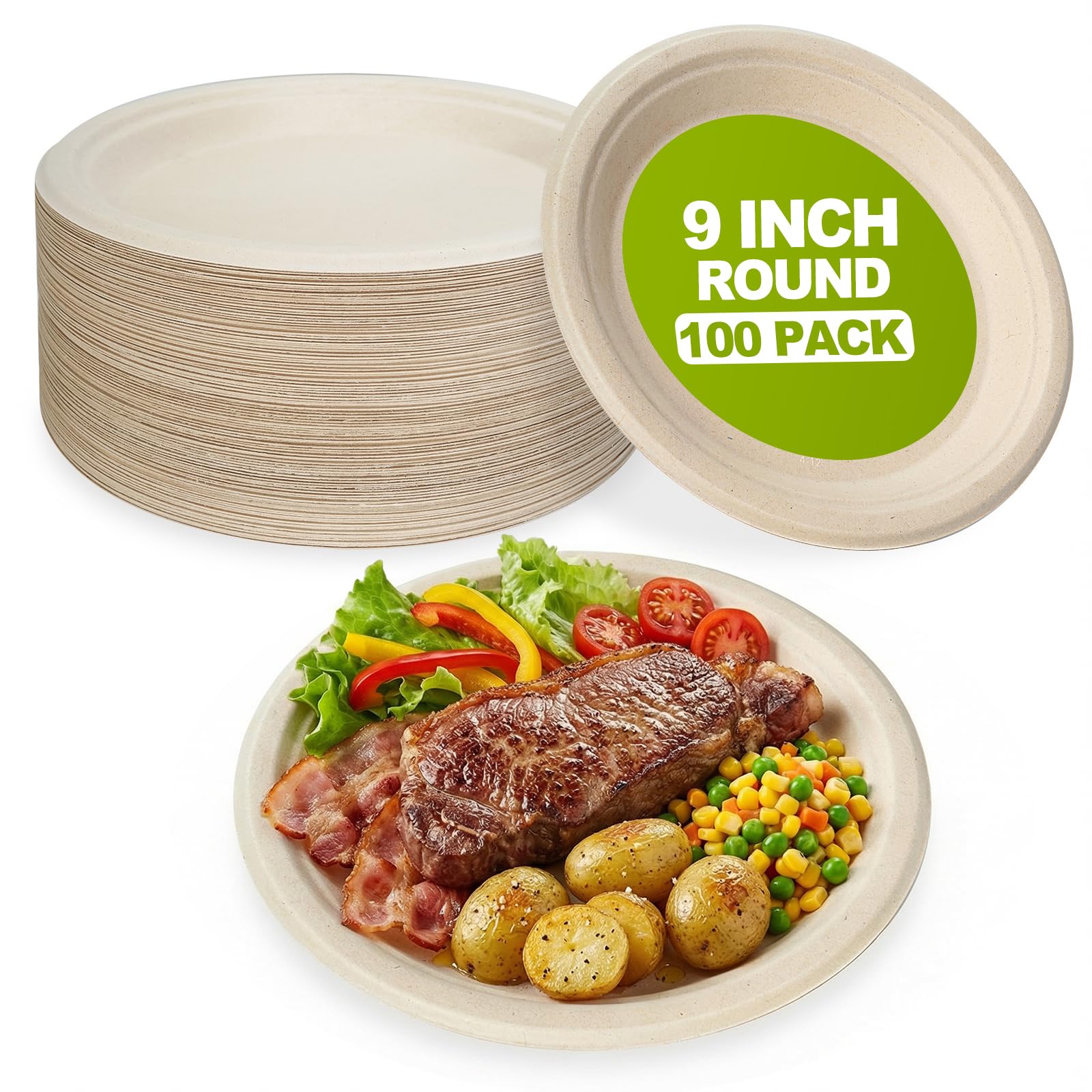W&Y Compostable Paper Plates Heavy Duty Disposable Plates 9 Inch 100 Pack