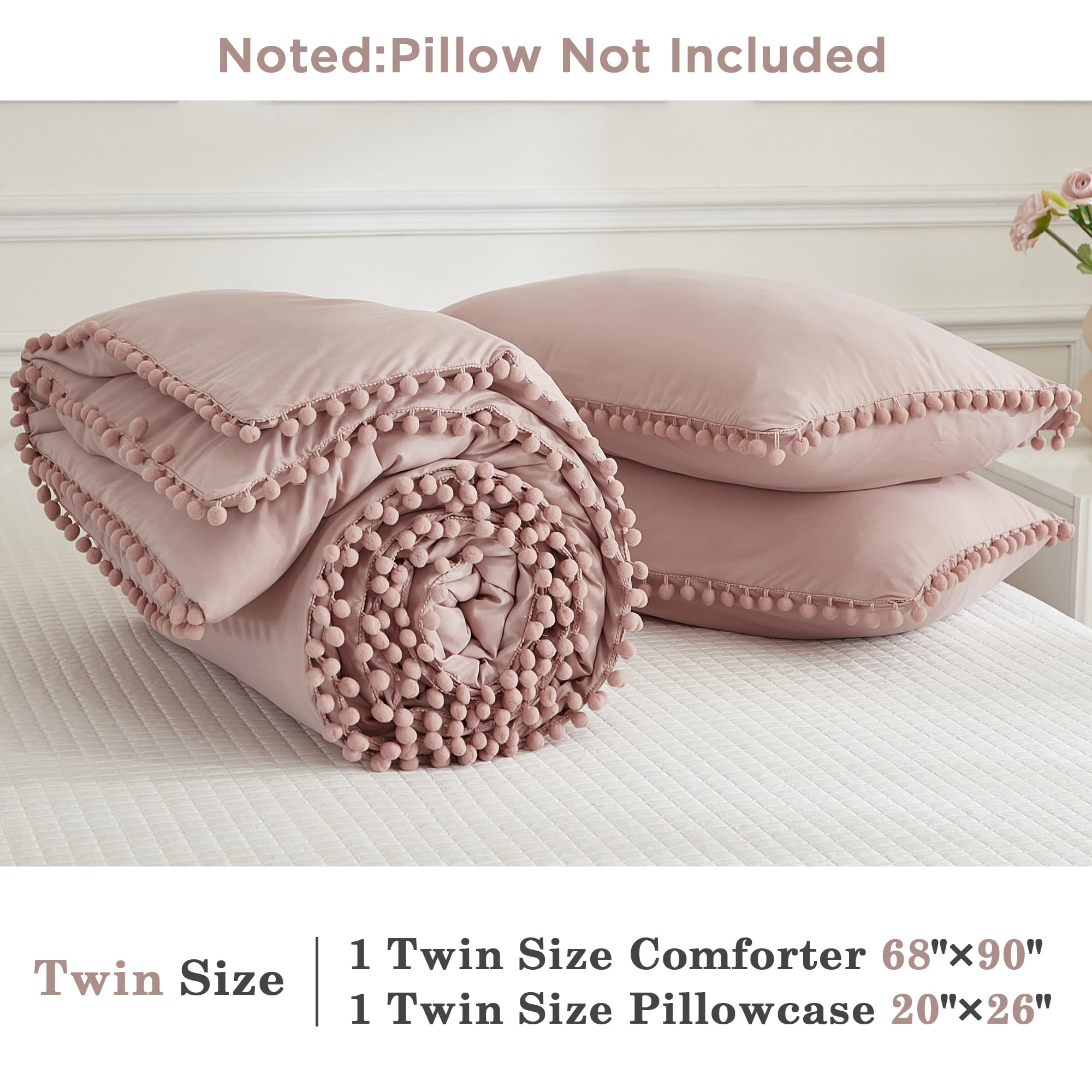 annadaif Pink Comforter Set Twin Size, Pom Pom Fringe Comforter 2 Pieces, Soft Microfiber Down Alternative Bedding Set for All Season as Gift (1 Comforter, 1 Pillowcase)