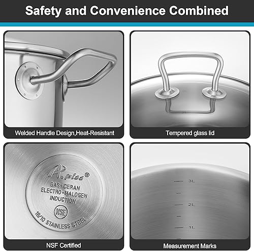 Miniatura 6 de APLSS Olla de acero inoxidable de tres capas de 3 cuartos de galón con doble asa y tapa de vidrio, grado alimenticio y apta para todas las estufas,