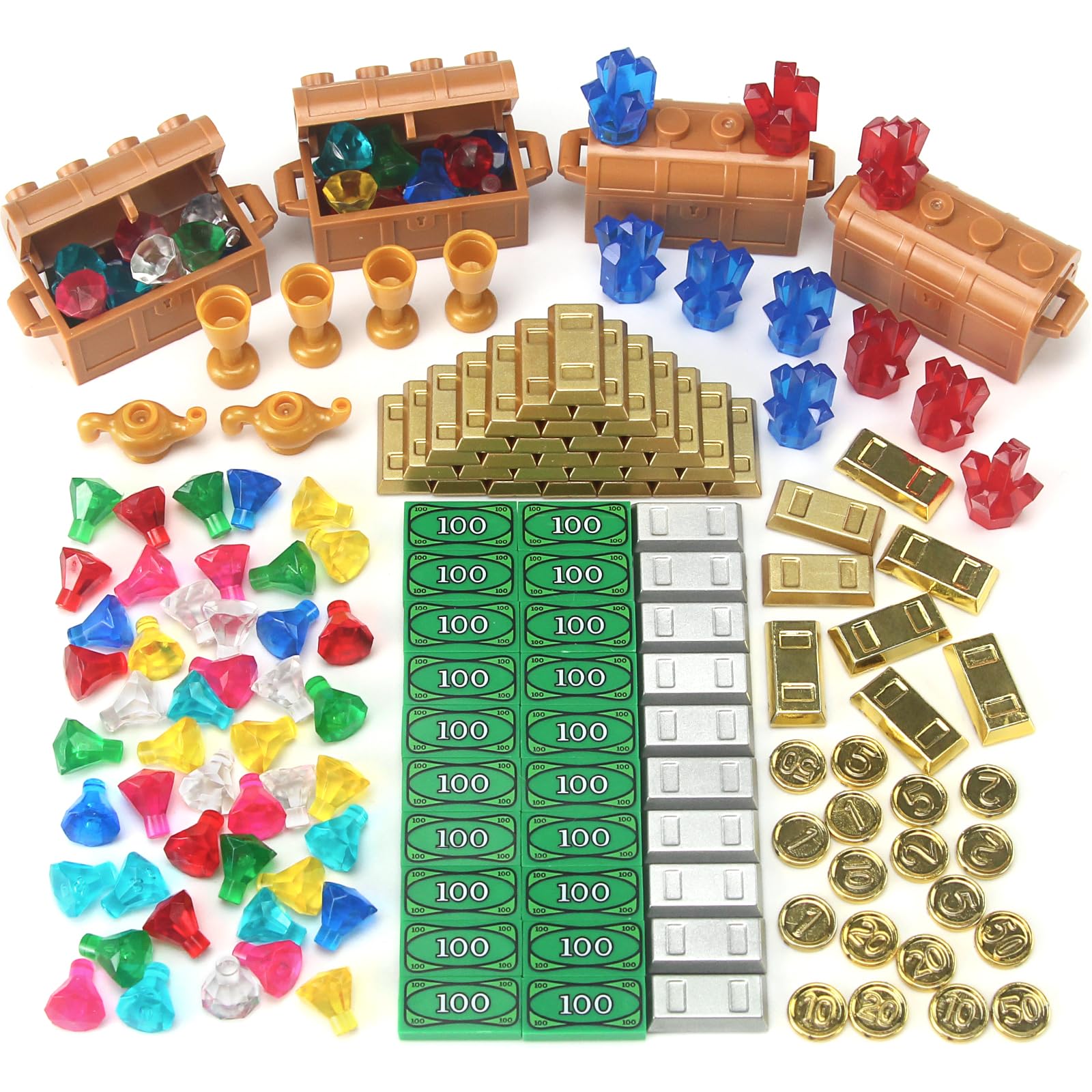 Pirate Treasure Chest Building Blocks Accessories Pack, 174 Pieces Compatible with Major Brands Bricks, Electroplated Gold Bars Coins Gems Crystal Money for Adventure Play Set, Gift for Kids Ages 4+