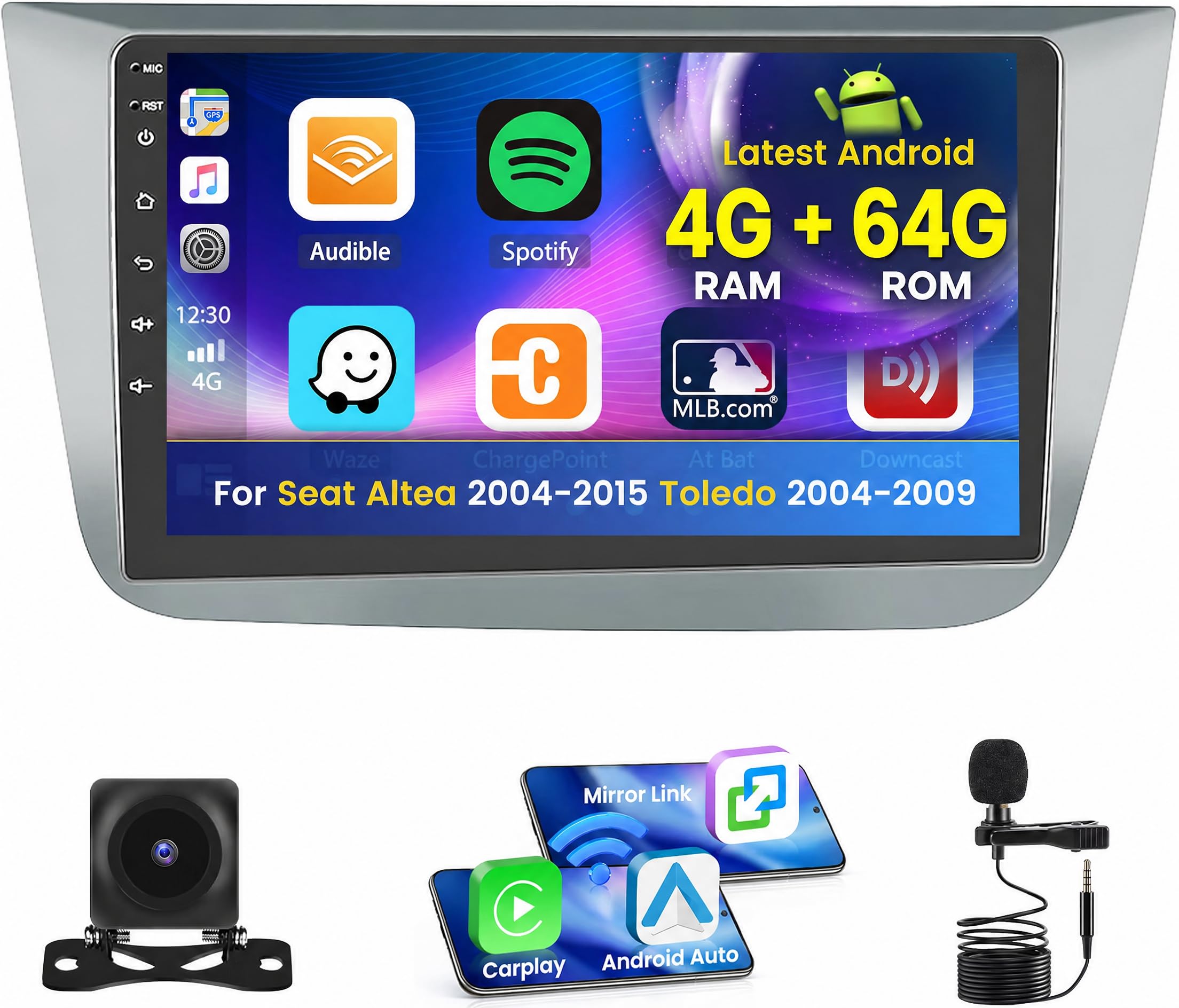 Inefala Radio Coche Android 15 4+64G para Seat Altea 2004-2015 Toledo 2004-2009 CarPlay y Android Auto, Pantalla Táctil 9 Pulgadas, Bluetooth, GPS, FM/RDS, Cámara de Marcha Atrás AHD