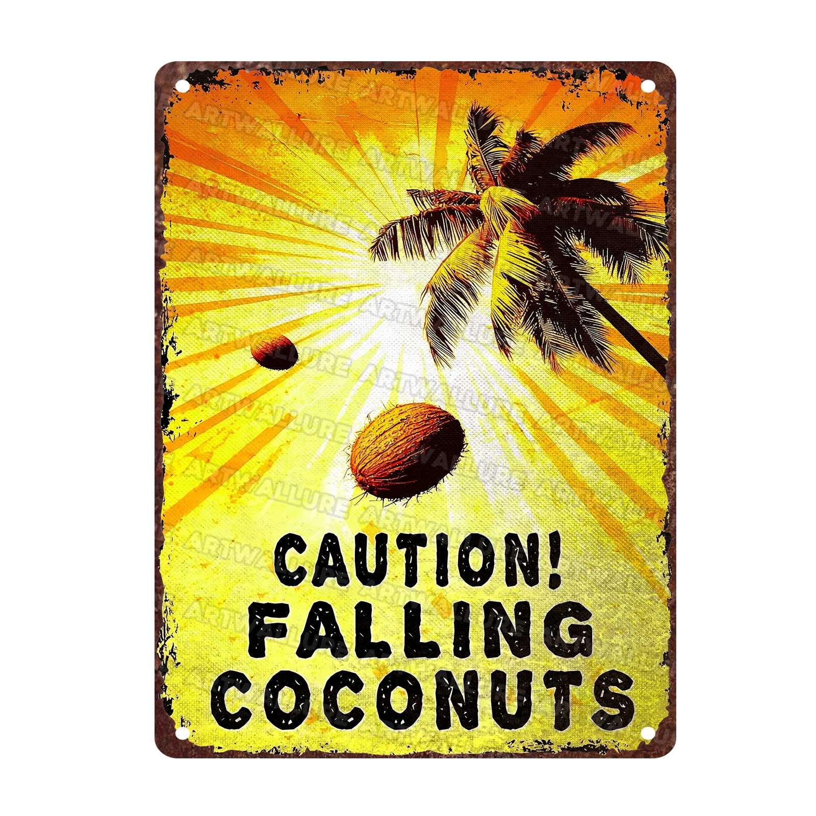 Vintage Coconuts Metal Sign Caution! Falling Coconuts Sign for Lounge Welcome Pool Hot Tub Happy Hour Island Décor 12x16Inch