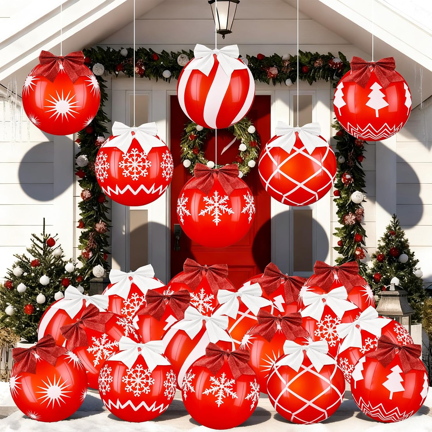 Jenaai 24 Pcs Red and White Christmas Inflatable Balls Decorations 9 Inch PVC Inflatable Balls Large Outdoor Blow up Christmas Ornaments Winter Snowflake Hanging Ornaments for Xmas Tree Yard Pool