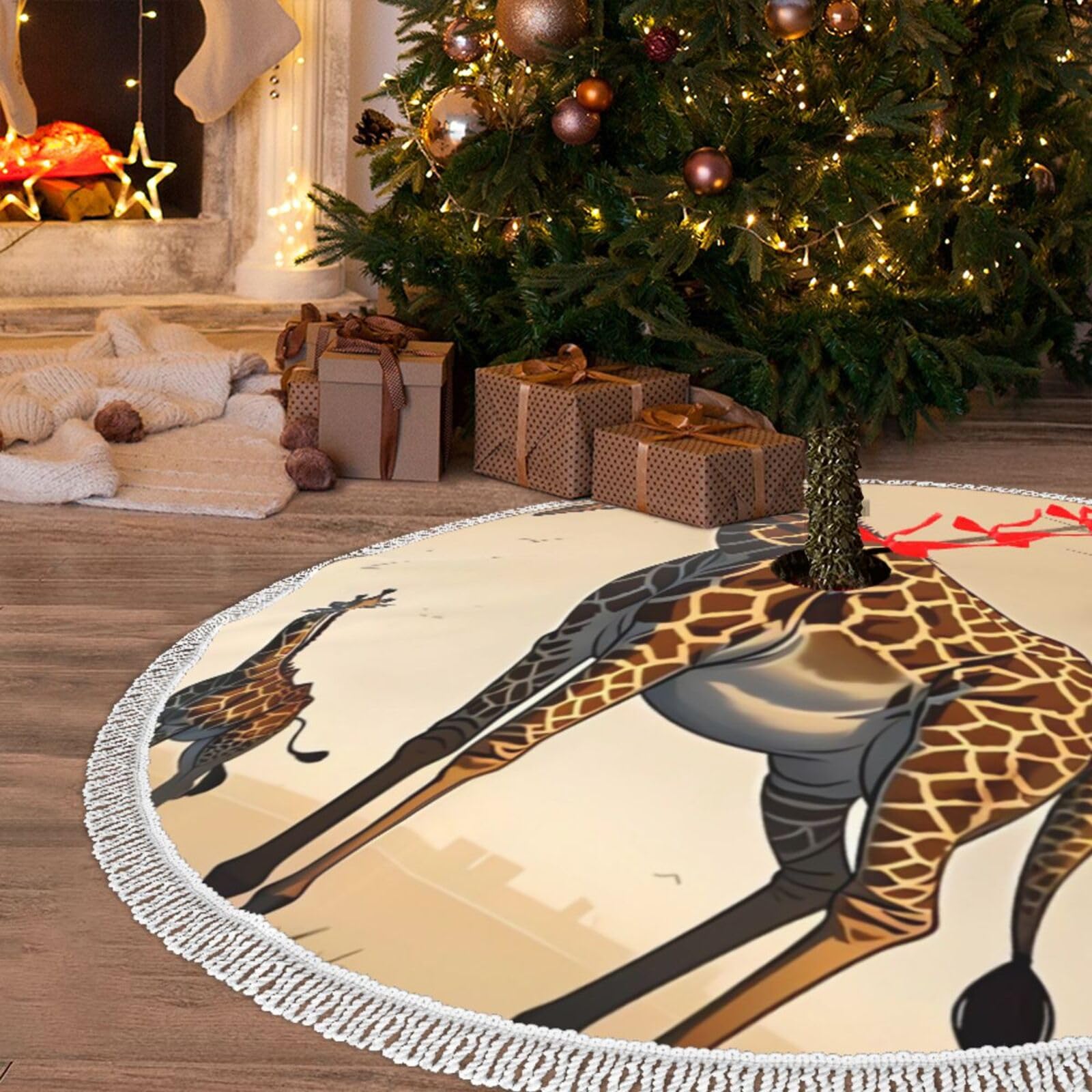 Jupe de sapin de Noël en tissu imperméable premium au motif girafe rustique
