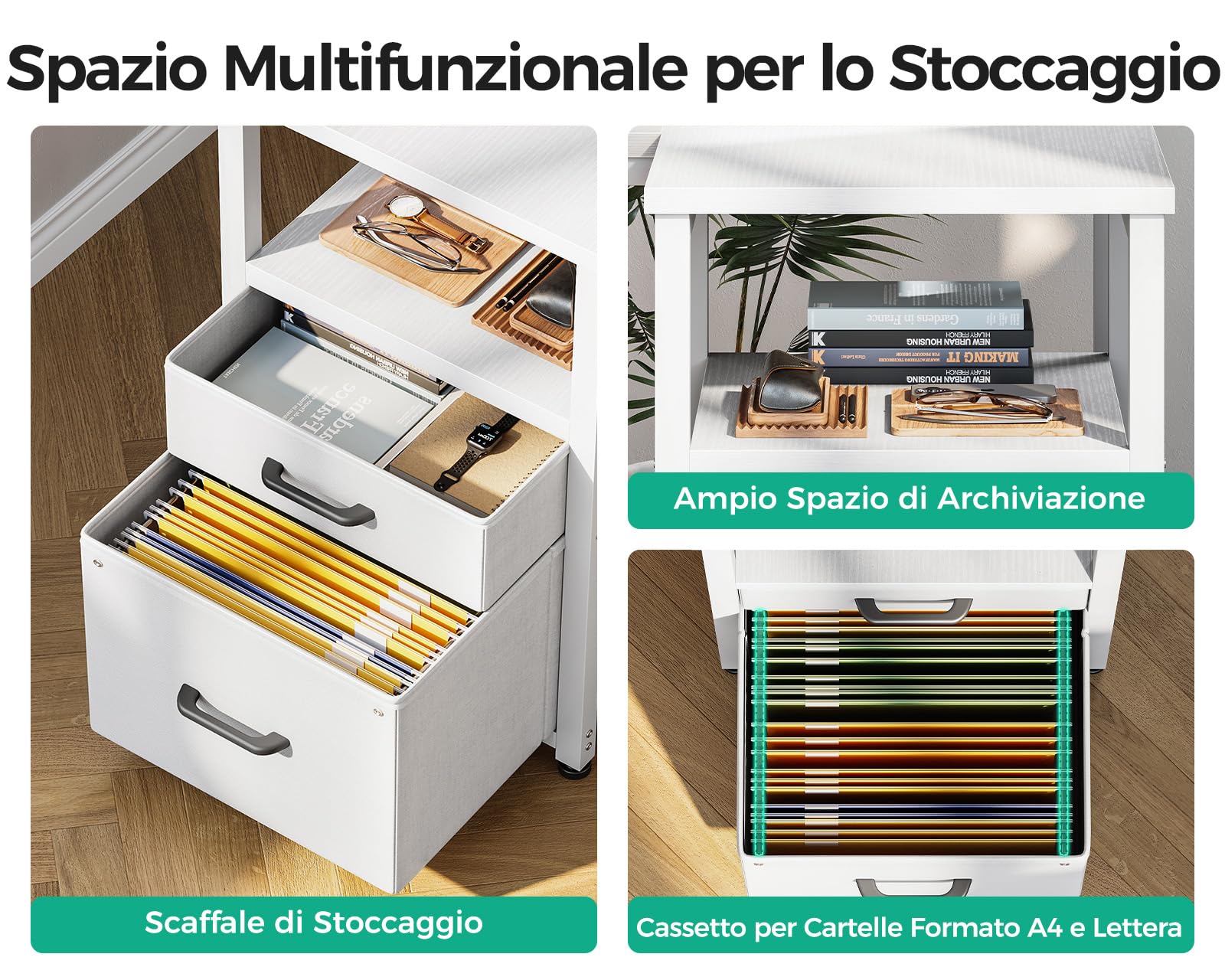 Coleshome Scrivania Angolare con Tessuto Cassetti, 140x80cm Reversibile Scrivania a l con Cassetto Portadocumenti, Scrivania per Computer con Porta di Ricarica USB e Presa di Corrente, Bianco