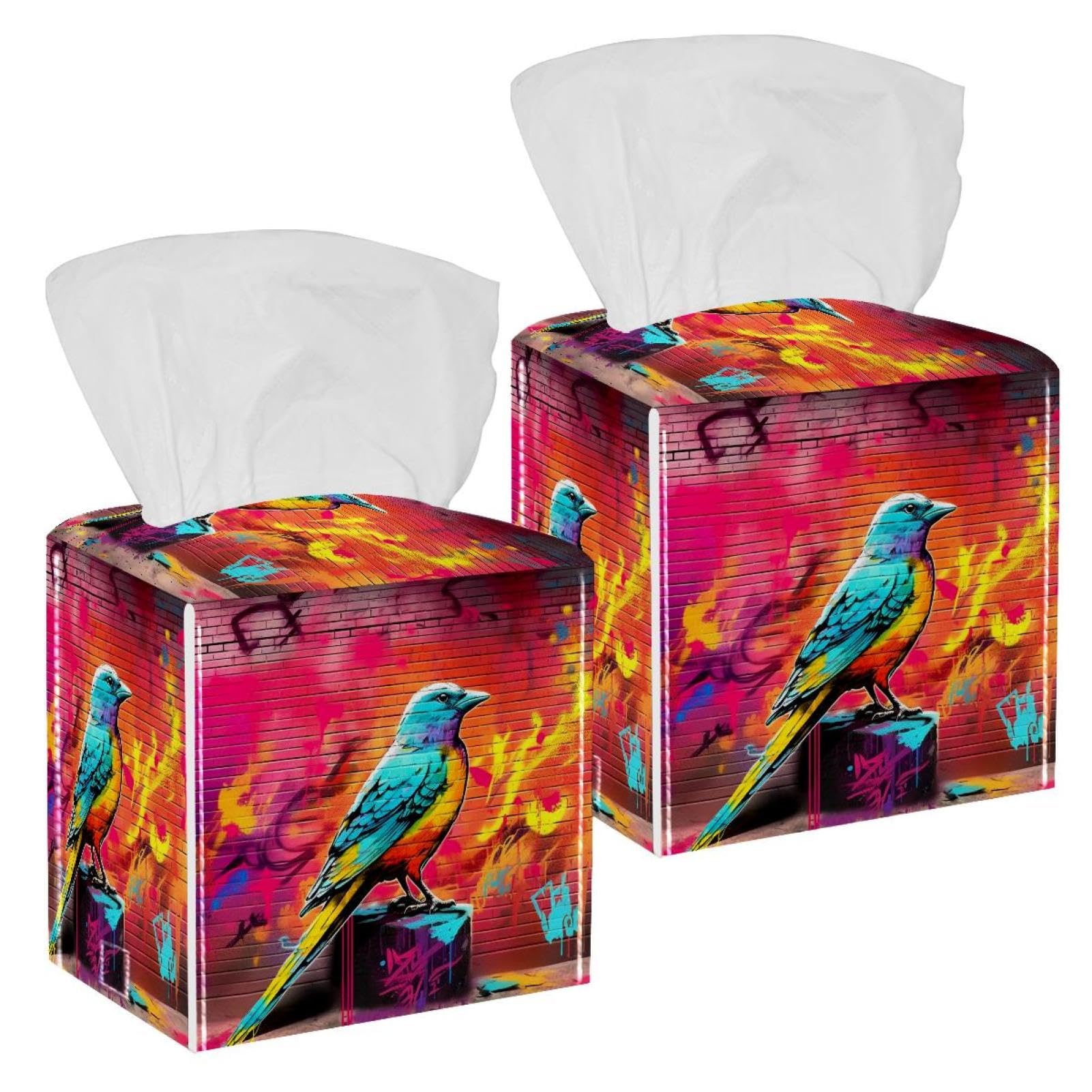 Bird Graffiti Tissue Box Cover, 2 Pack PU Leather Square Facial Tissue Dispenser Box holder for Home Office Car