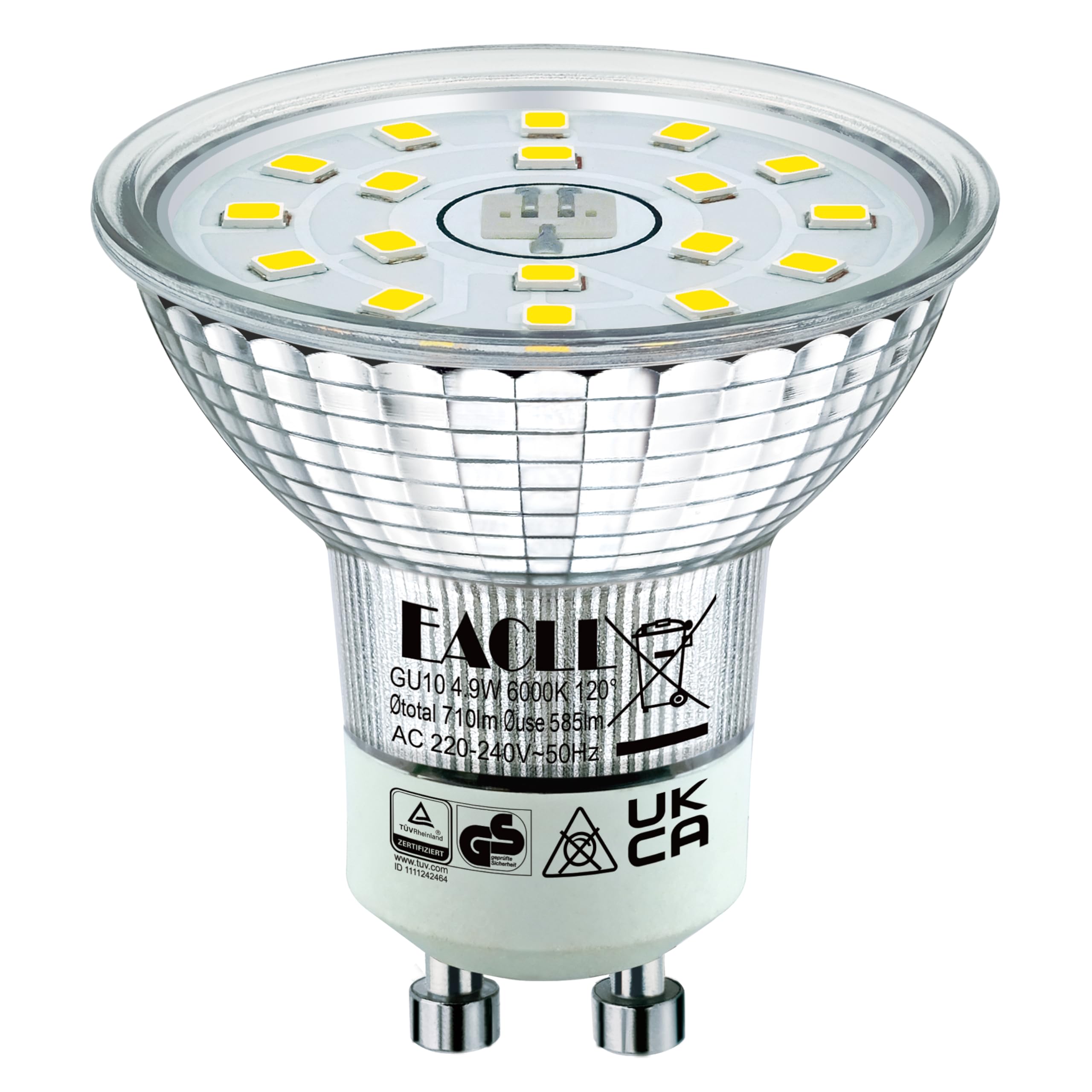 EACLL Lampadine LED GU10 4.9W Equivalente a Alogena 75W, Pacco da 20, 585lm 6000K Bianco Freddo, Faretti AC 230V senza Sfarfallio, Angolo a Fascio 120° Spot, Non Dimmerabile corta Riflettore Lampade