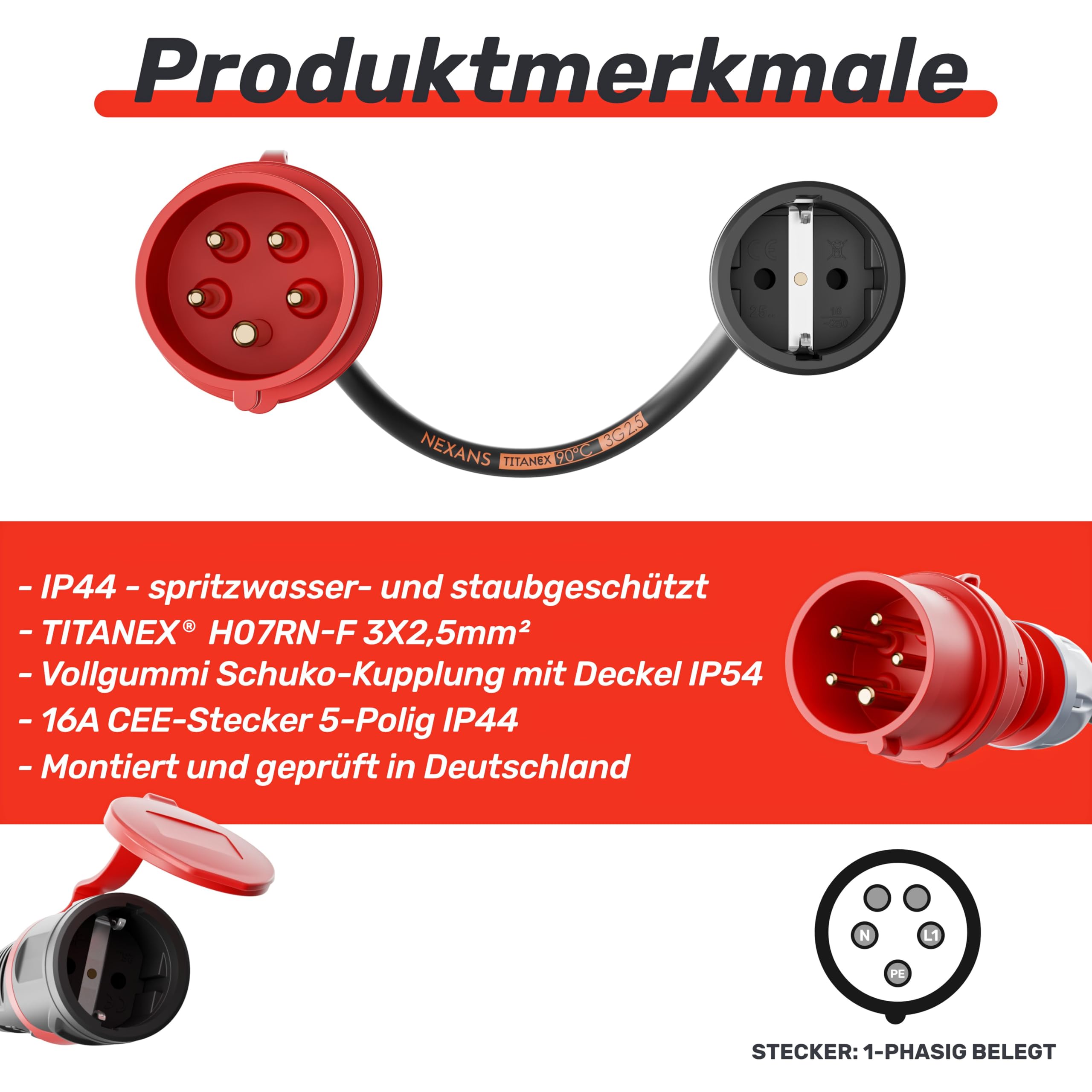 Adaptateur NWP 16 A 400 V vers prise Schuko 230 V IP44 3 x 2,5 mm² Câble en caoutchouc