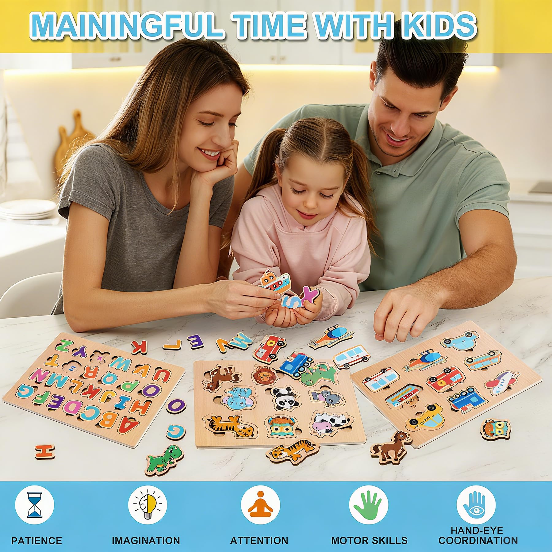 lenbest Zestaw 6 drewnianych puzzli dla dzieci, zabawka Montessori, alfabet zwierzęcy, cyfry, pojazdy, owoce, drewniane zabawki edukacyjne, zabawka dla dzieci w wieku 2-3 lat, prezenty
